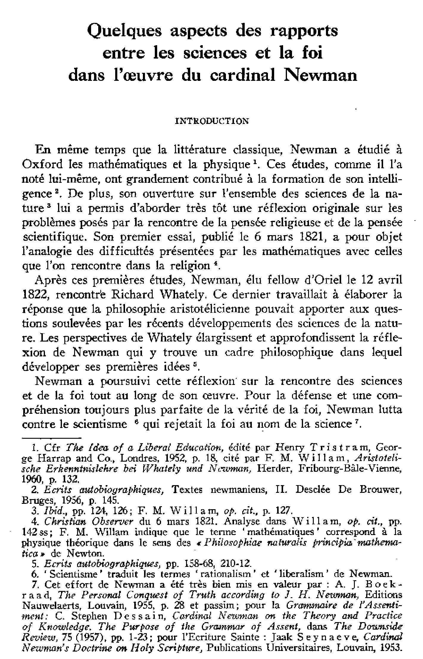 Quelques aspects des rapports entre les sciences et la foi dans l'oeuvre du cardinal Newman