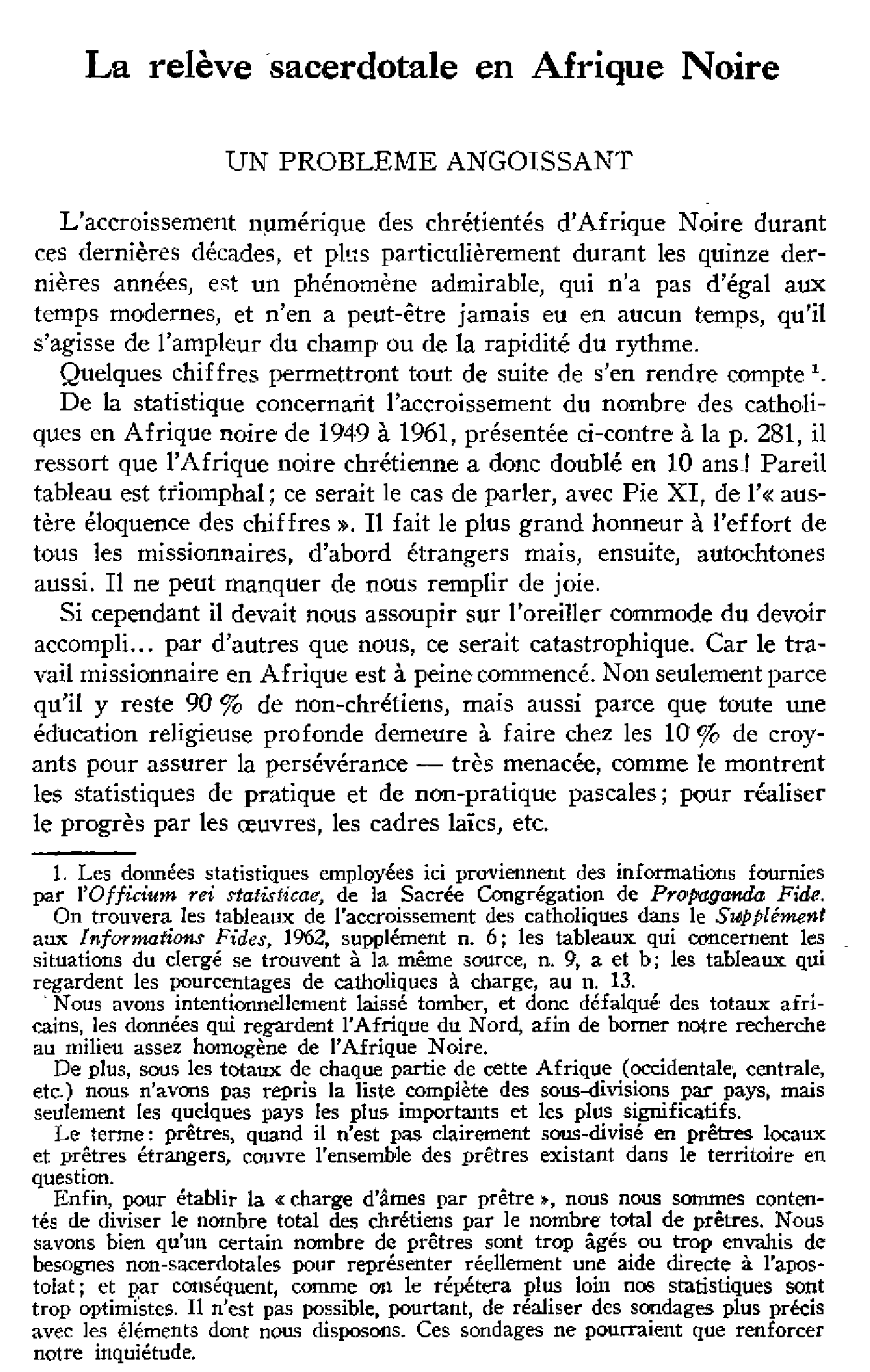 La relève sacerdotale en Afrique Noire. Un problème angoissant