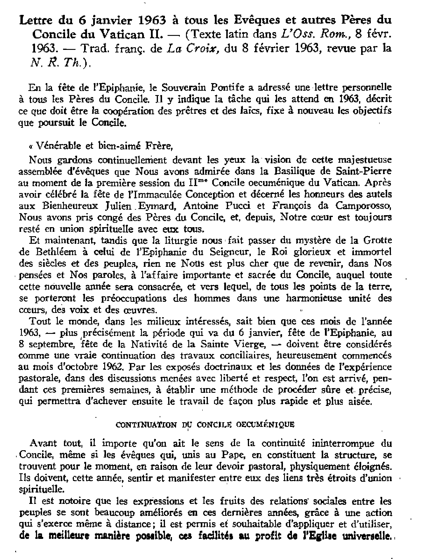 Lettre du 6 janvier 1963 à tous les évêques et autres Pères du Concile du Vatican II