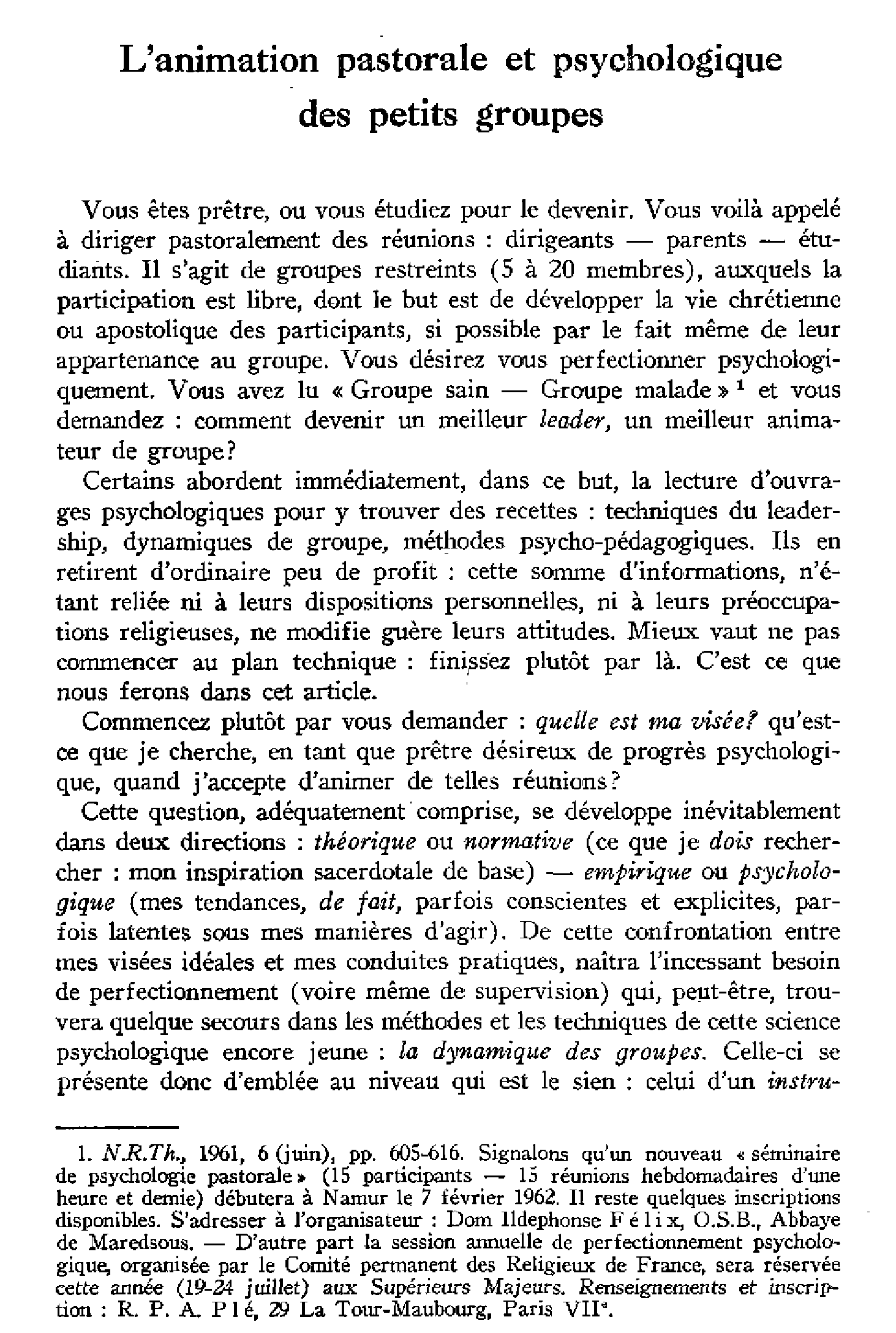 L'animation pastorale et psychologique des petits groupes