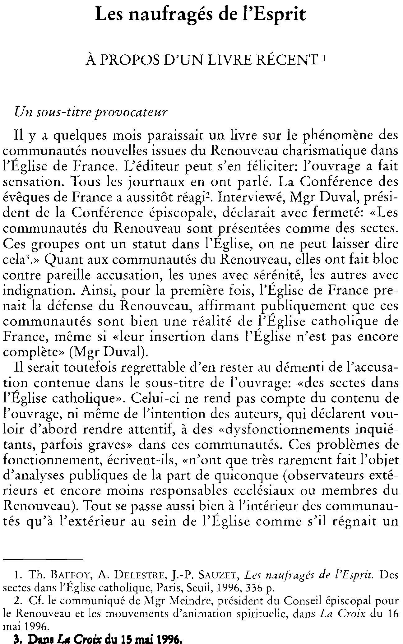 Les naufragés de l'Esprit. À propos d'un livre récent