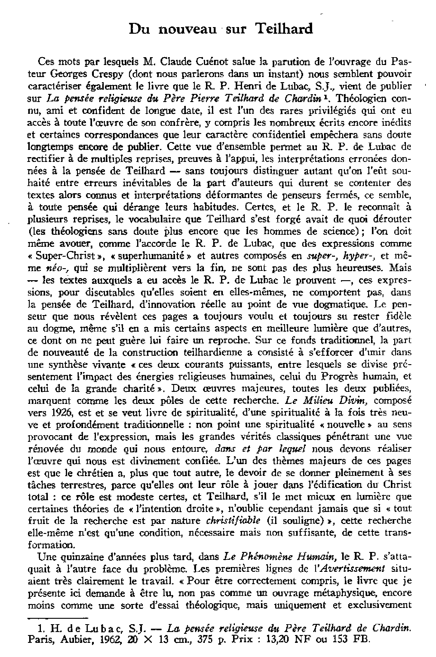 Du nouveau sur Teilhard