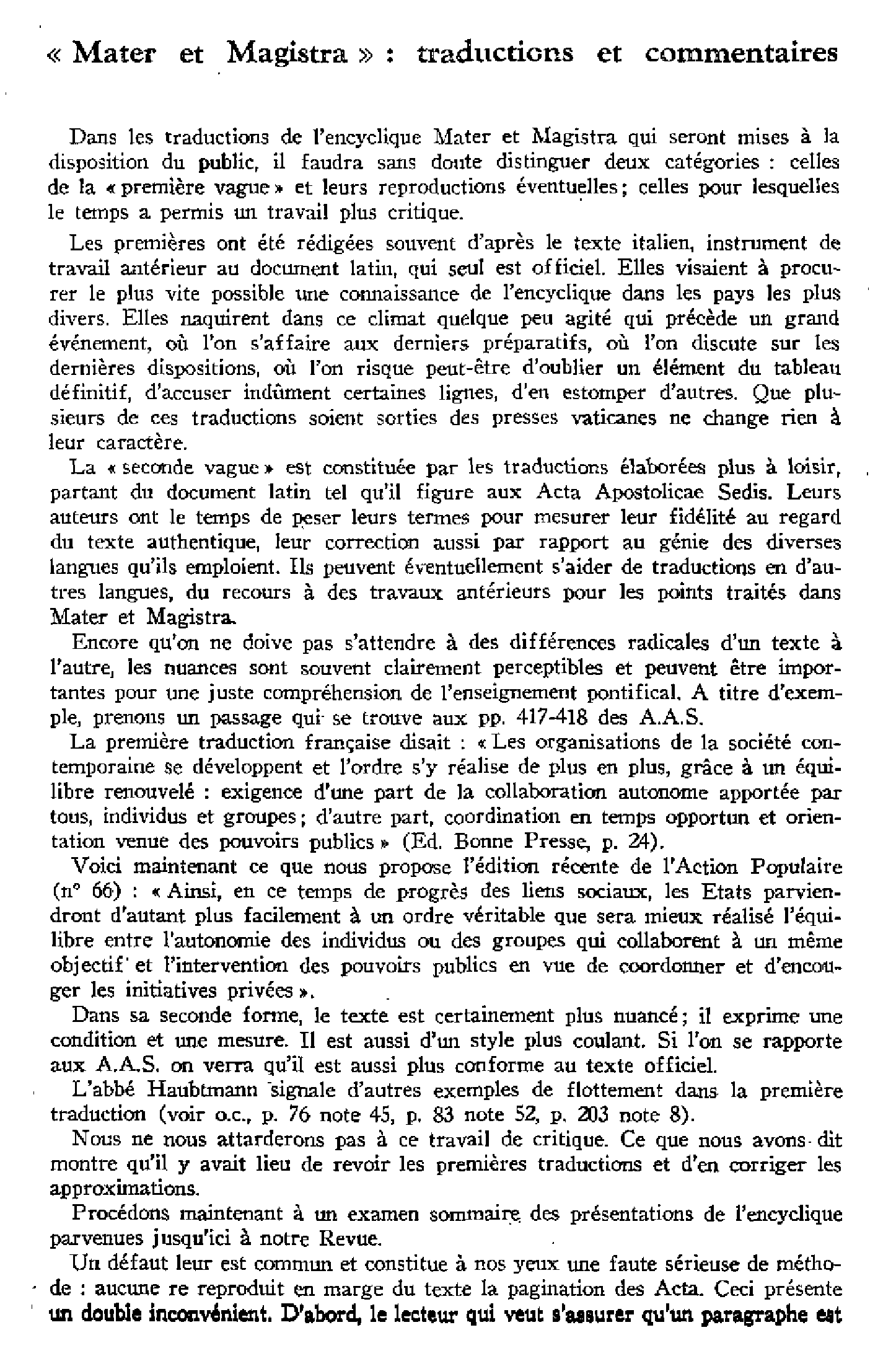 Mater et Magistra: traductions et commentaires