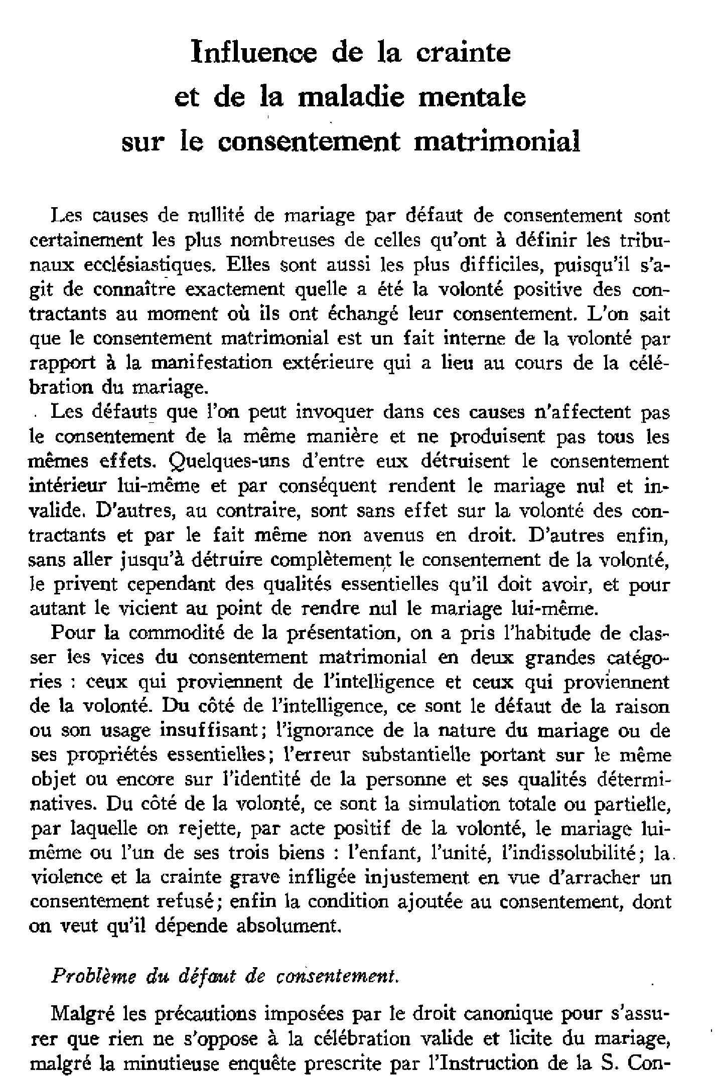 Influence de la crainte et de la maladie mentale sur le consentement matrimonial