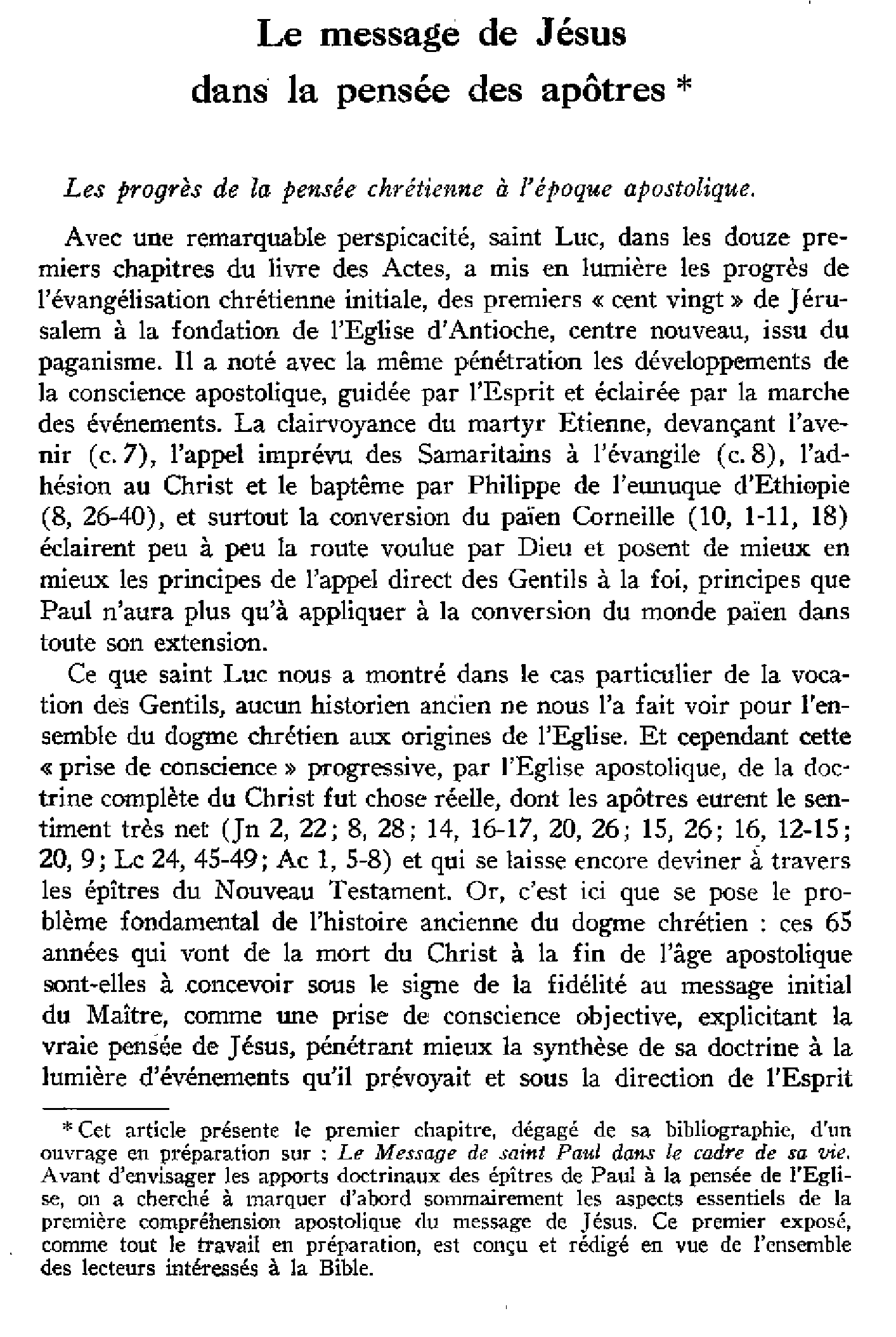 Le message de Jésus dans la pensée des apôtres