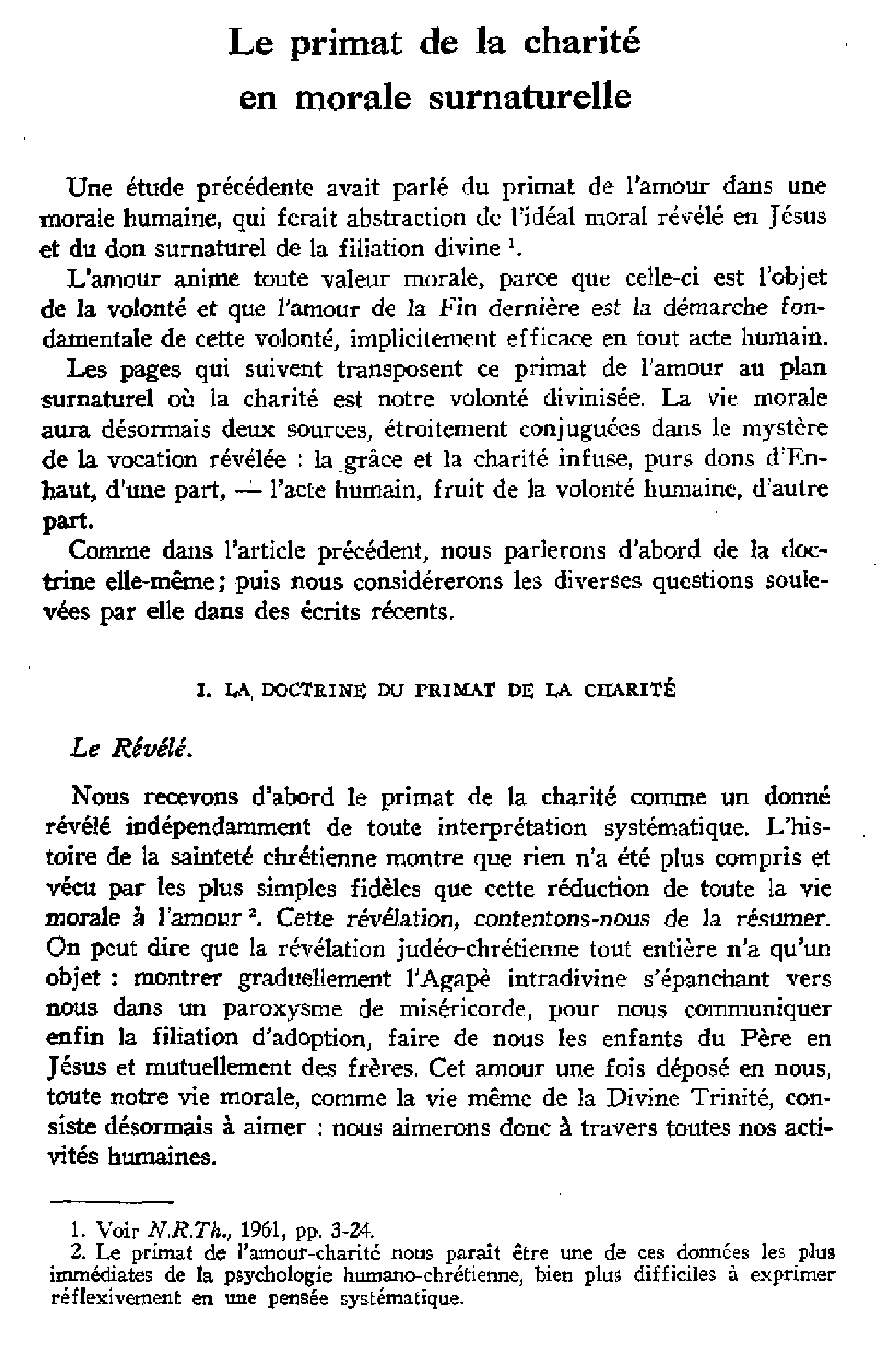 Le primat de la charité en morale surnaturelle