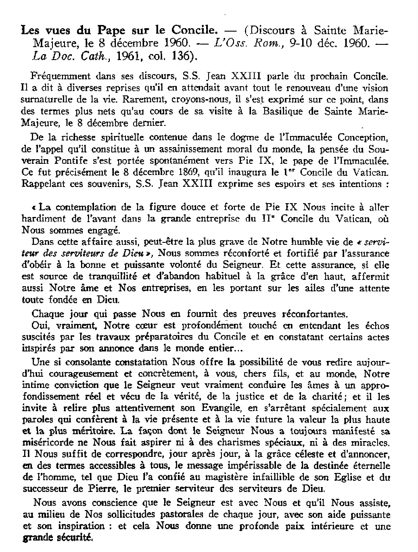 Les vues du Pape sur le Concile.La femme en famille et au travail