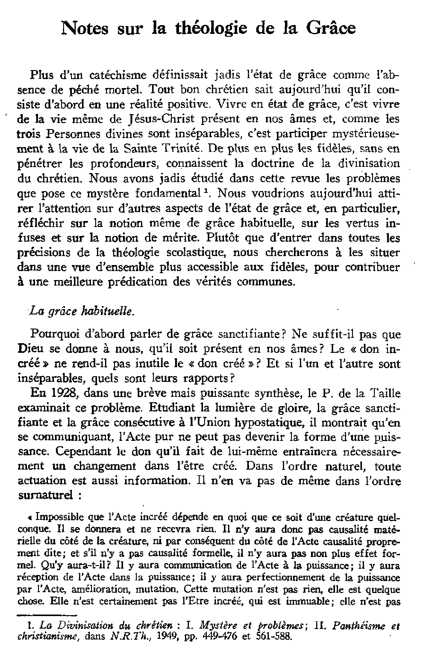 Notes sur la théologie de la Grâce
