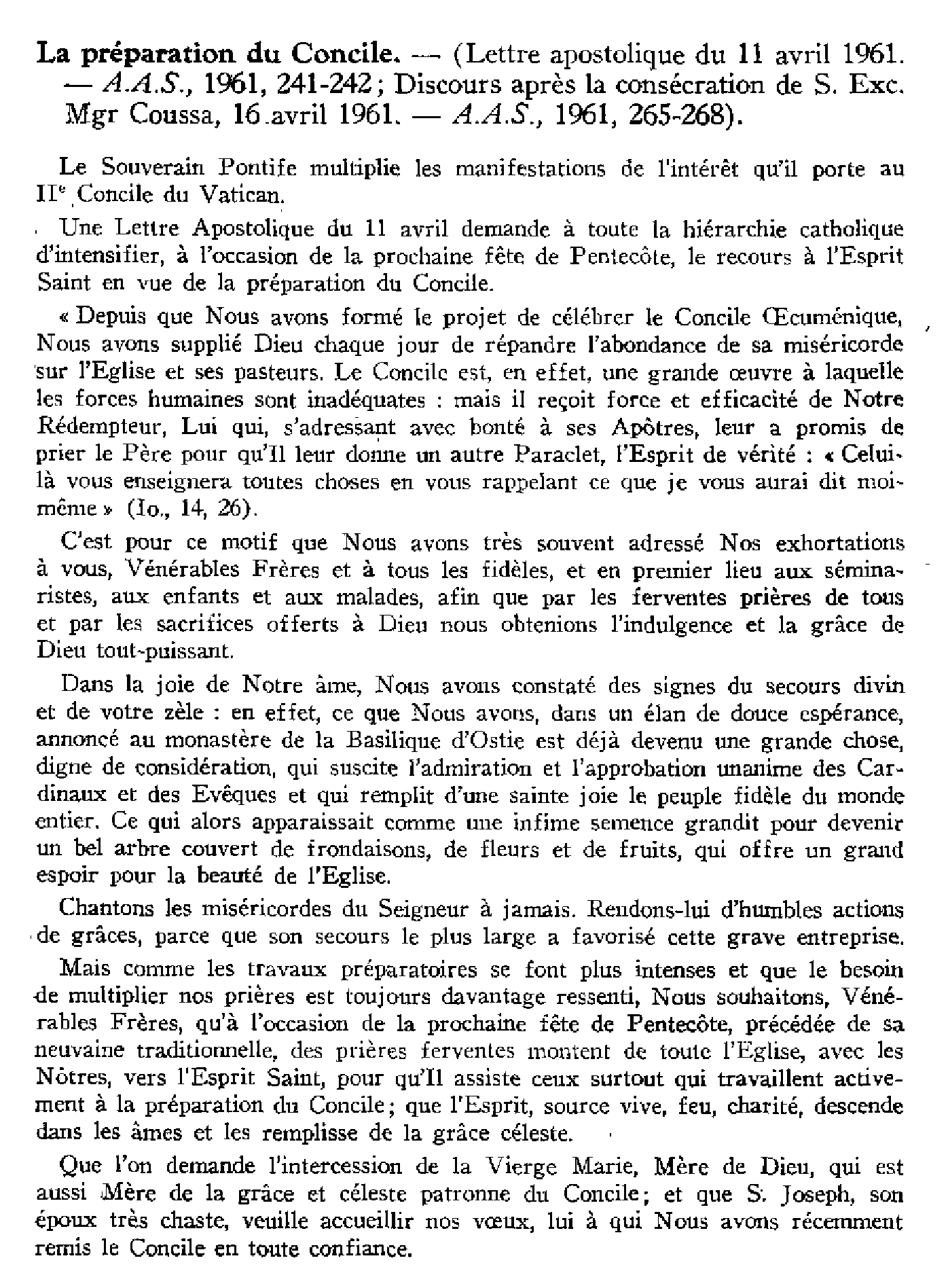 La préparation du Concile. Lettre apostolique du 11 avril 1961.Les vocations ecclésiastiques