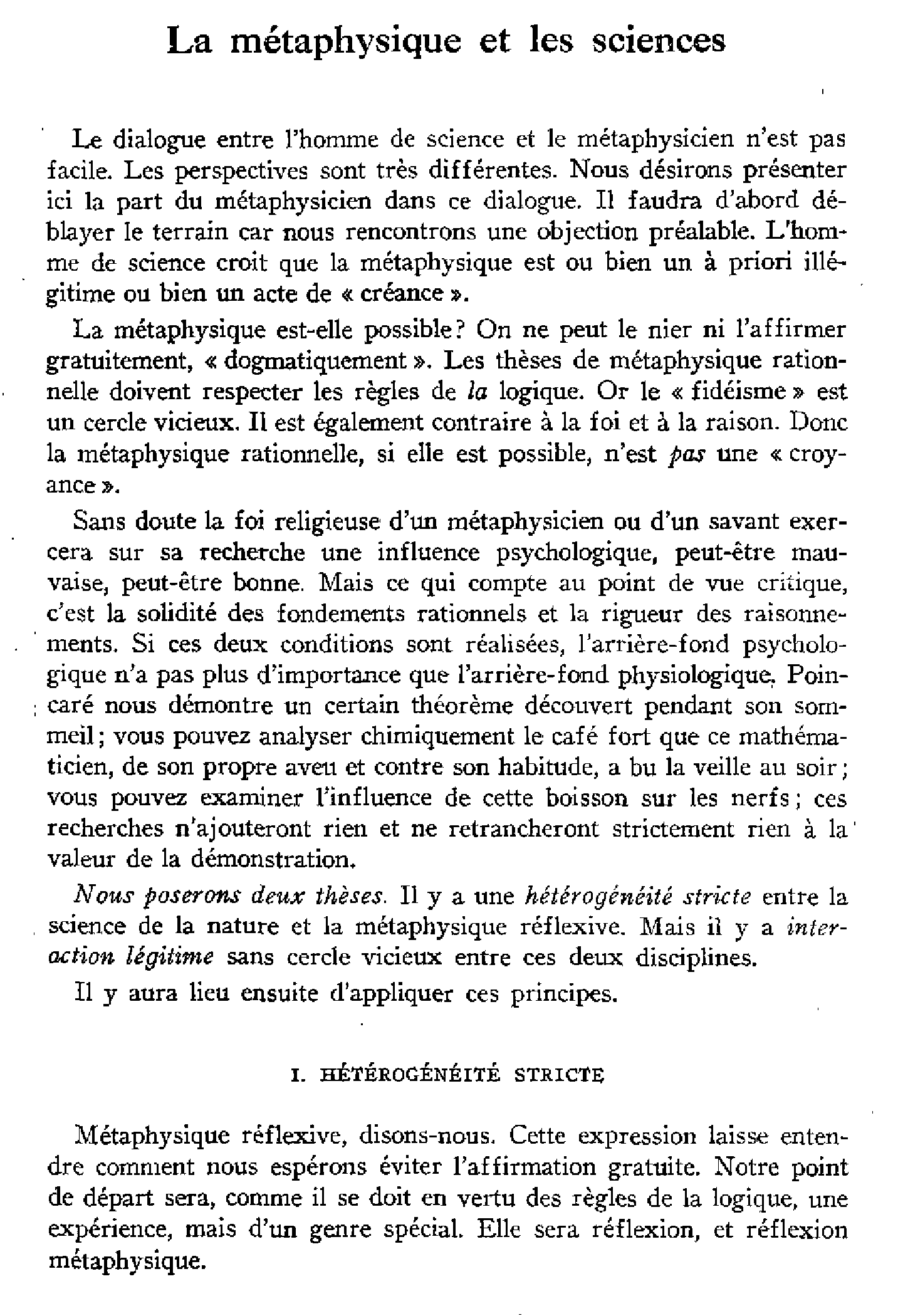 La métaphysique et les sciences