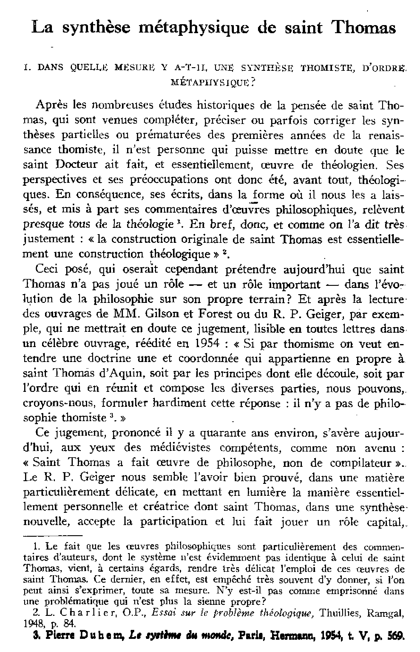 La synthèse métaphysique de saint Thomas