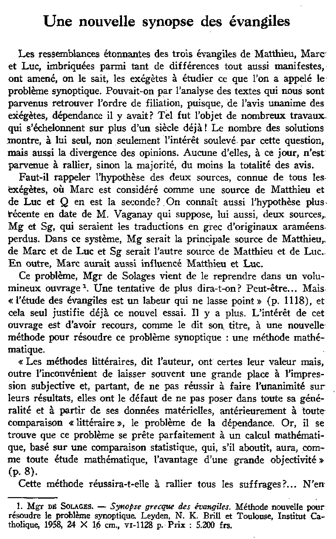 Une nouvelle synopse des évangiles