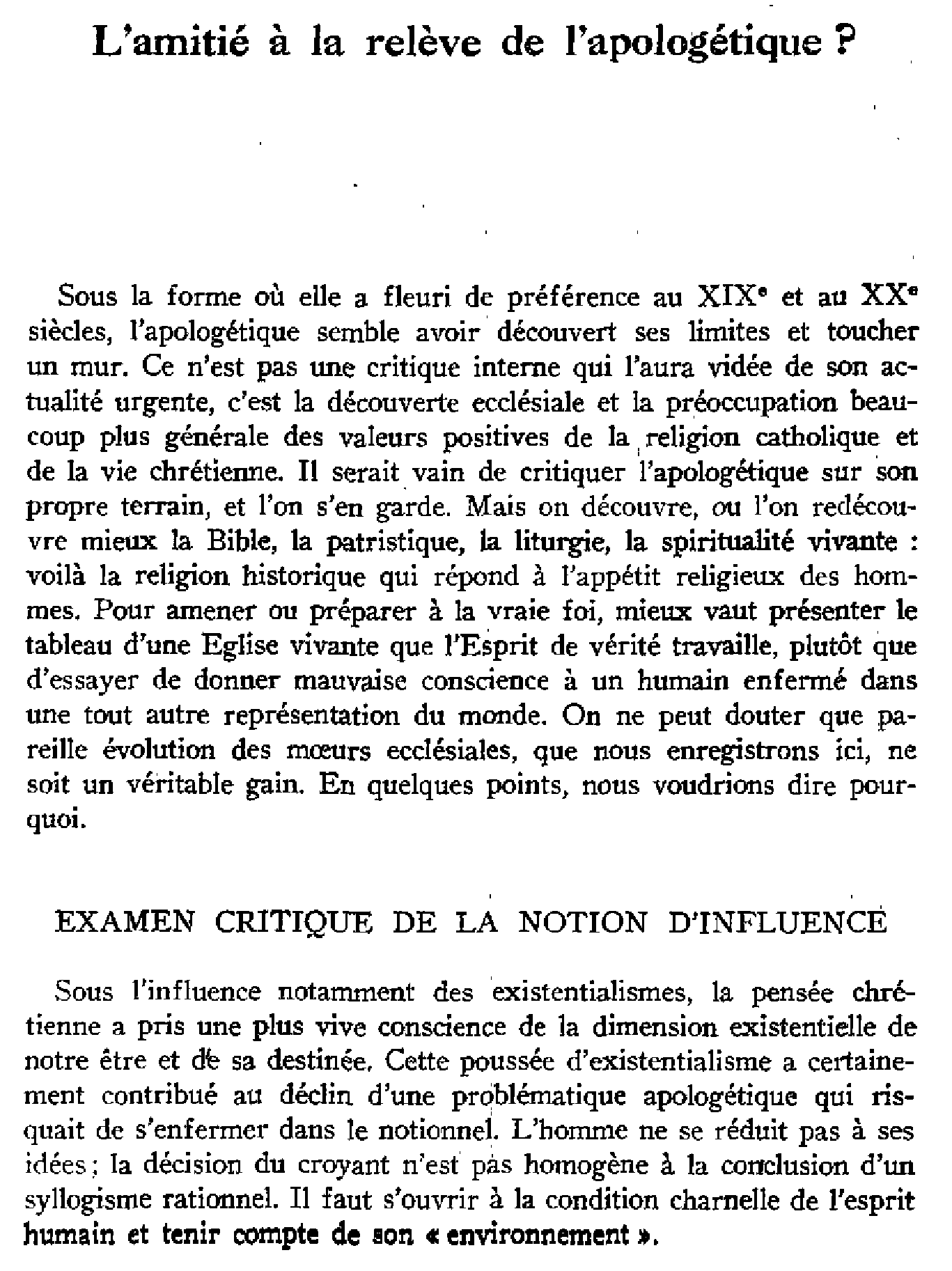 L'amitié à la relève de l'apologétique?