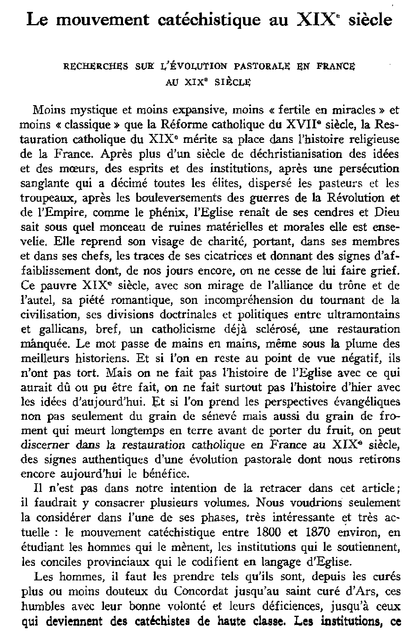 Le mouvement catéchistique au XIXe siècle (I)