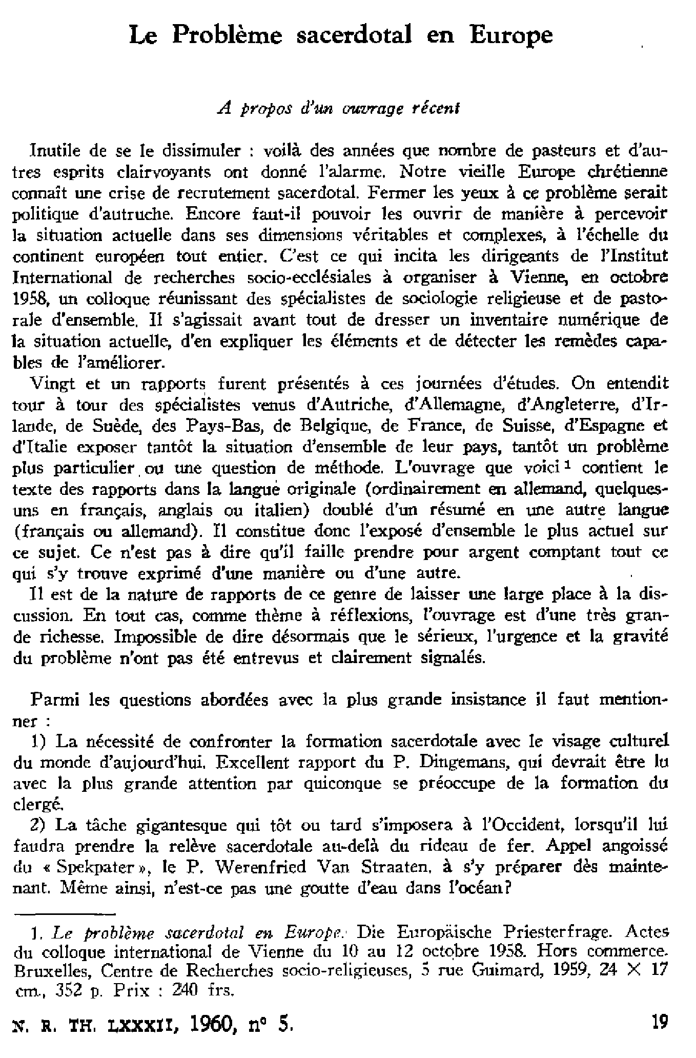 Le problème sacerdotal en Europe. À propos d'un ouvrage récent