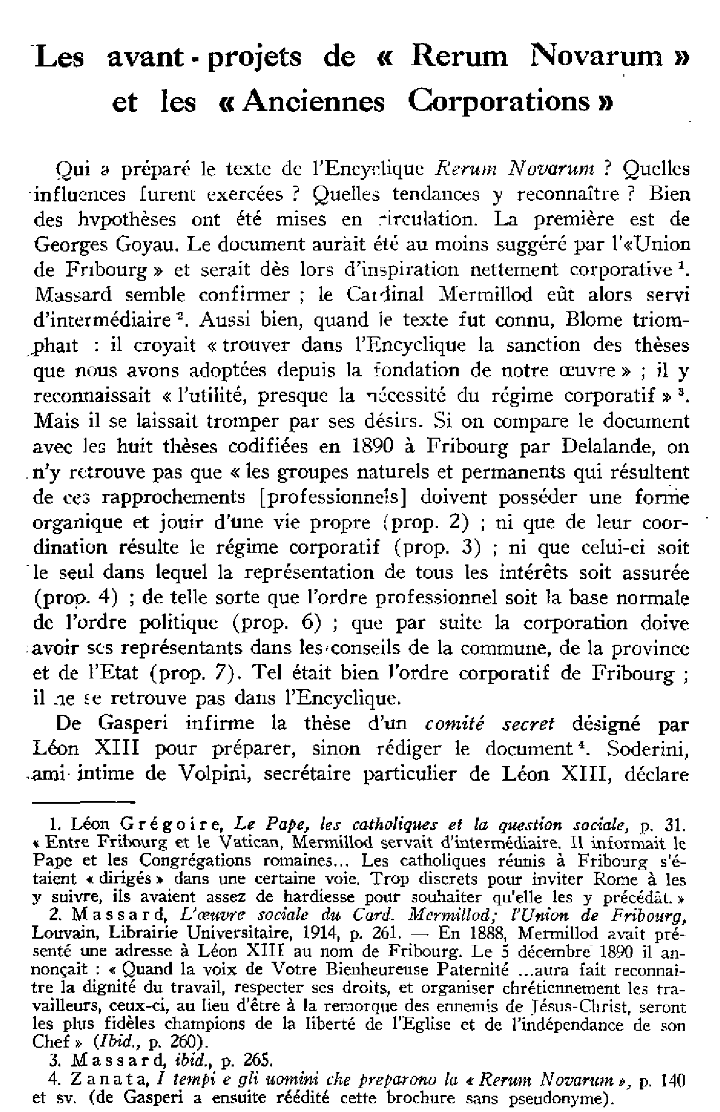 Les avant-projets de Rerum Novarum et les «Anciens Corporations»