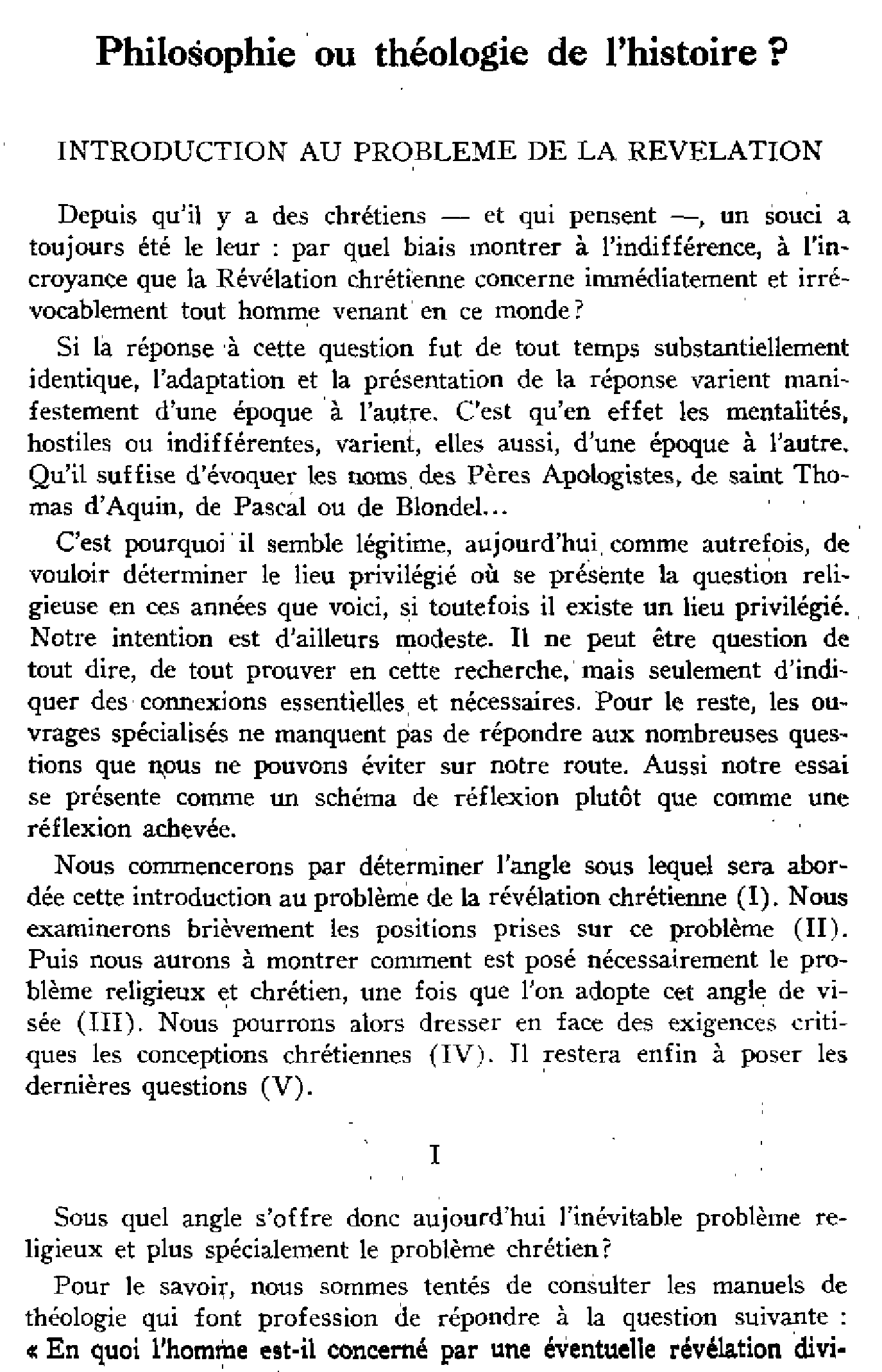 Philosophie ou théologie de l'histoire? (I)