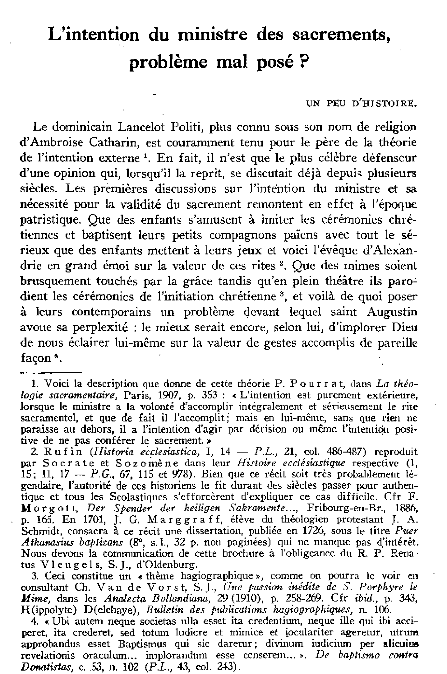 L'intention du ministre des sacrements, problème mal posé?