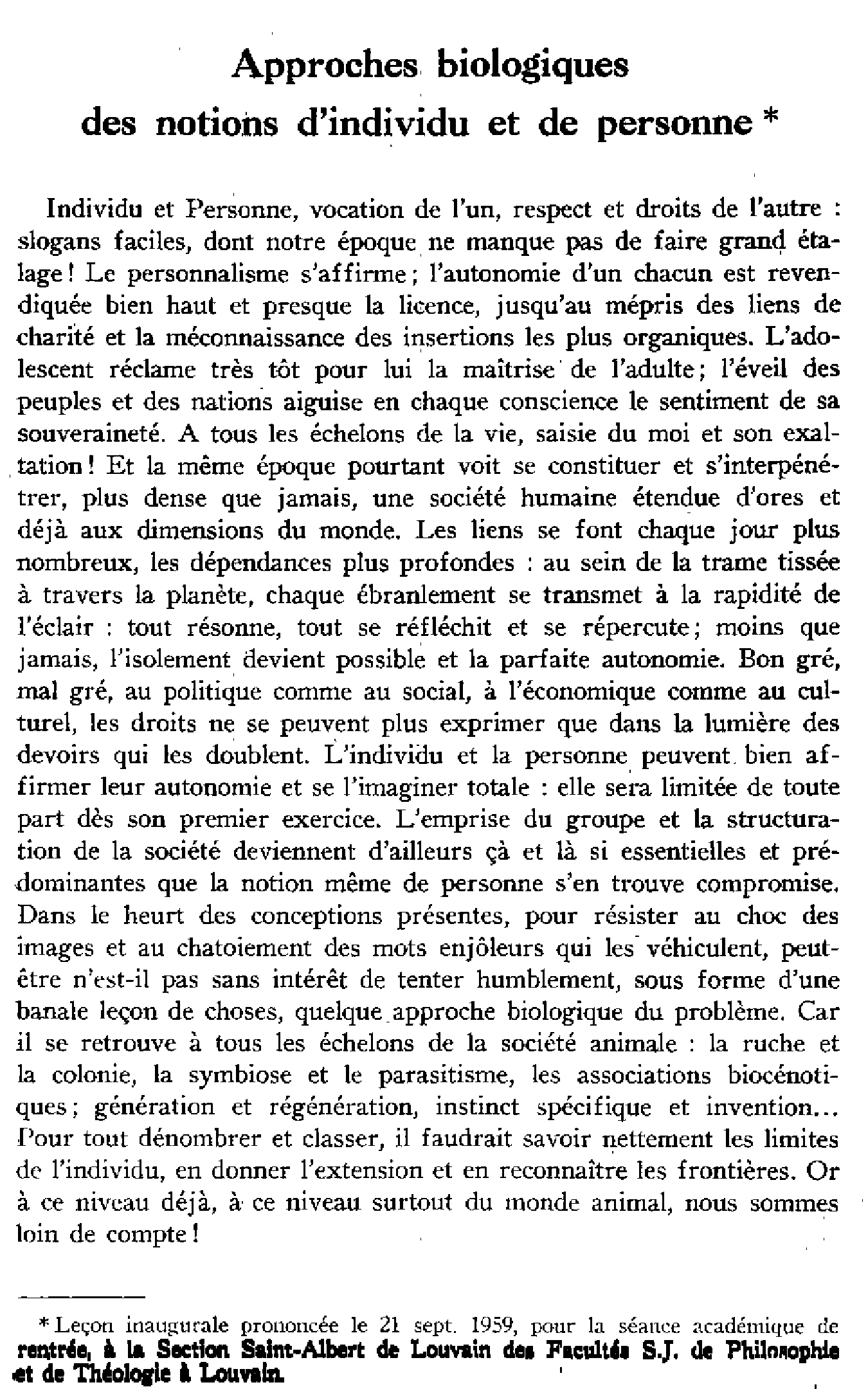 Approches biologiques des notions d'individu et de personne