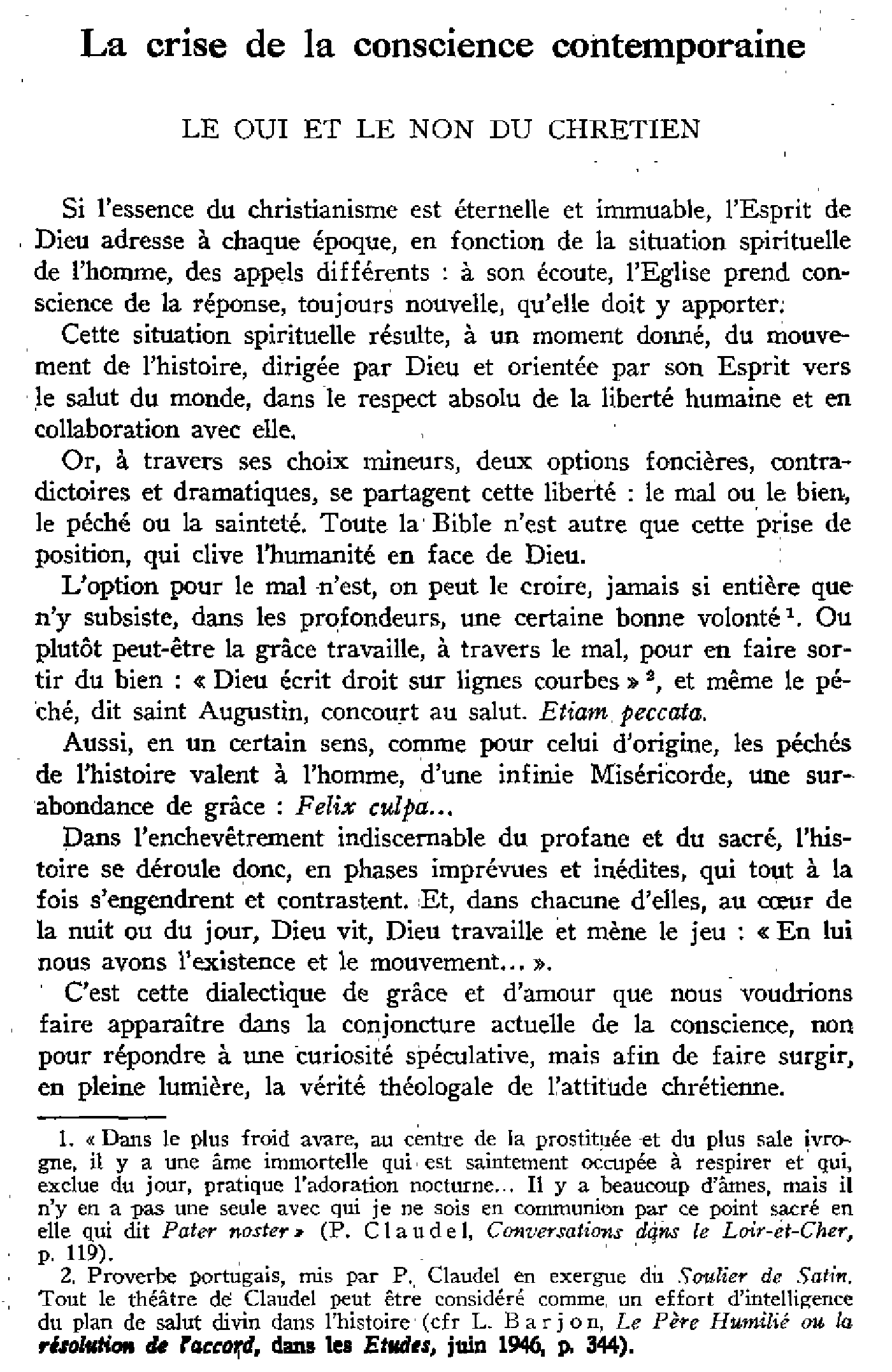 La crise de la conscience contemporaine. Le OUI et le NON chrétien