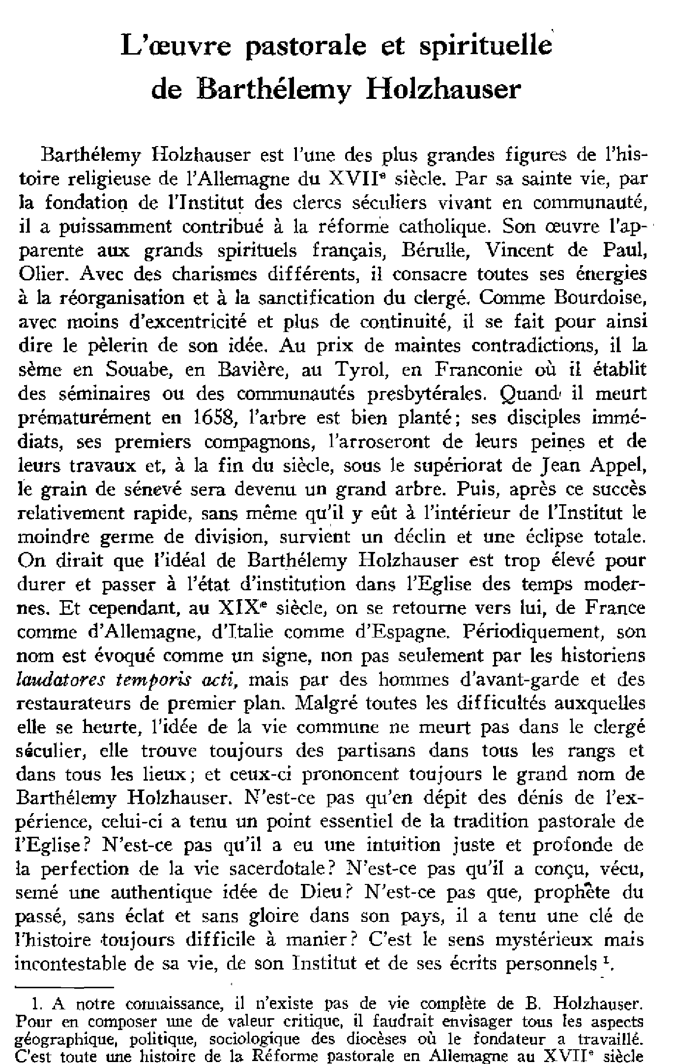 L'oeuvre pastorale et spirituelle de Barthélemy Holzhauser