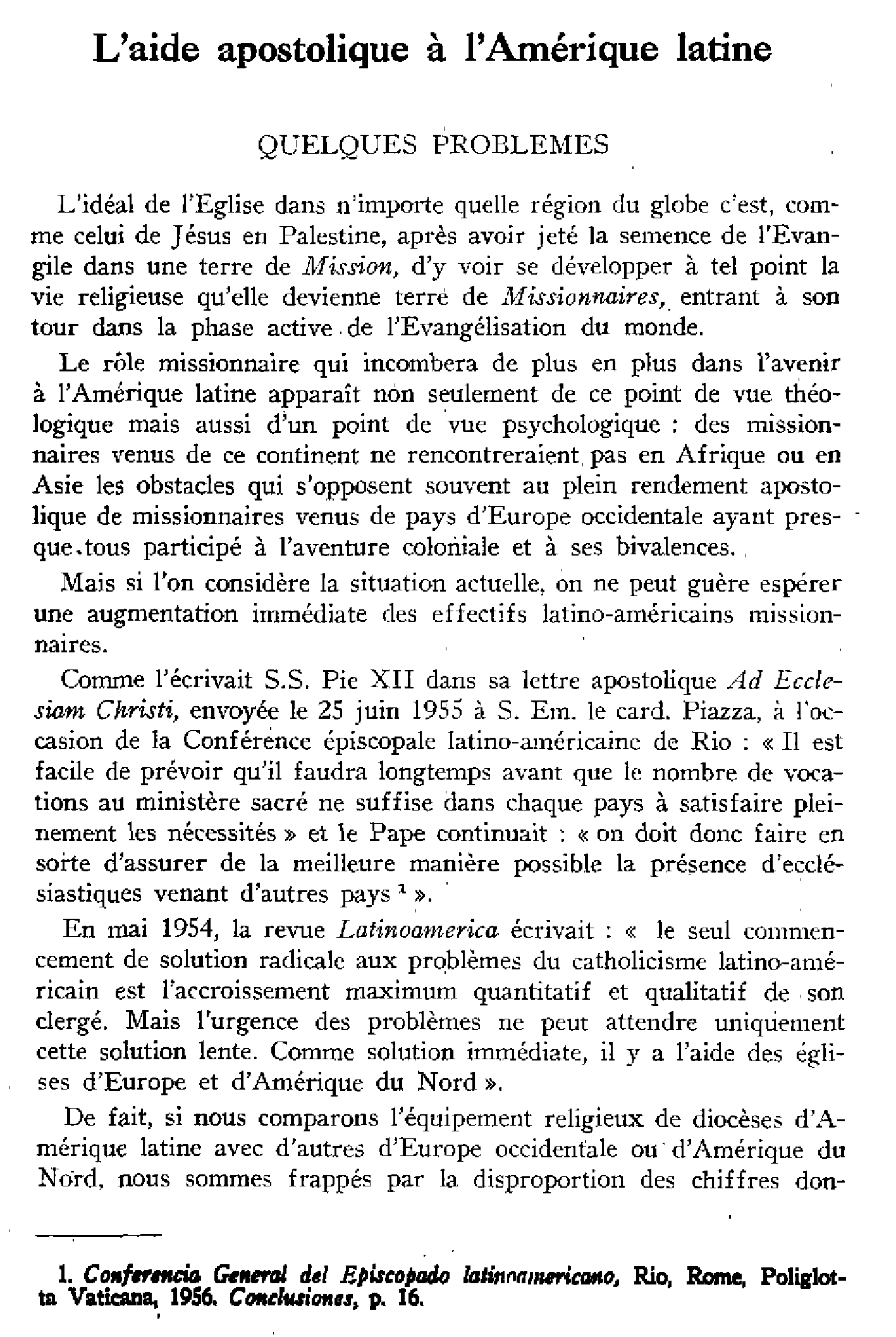 L'aide apostolique à l'Amérique latine