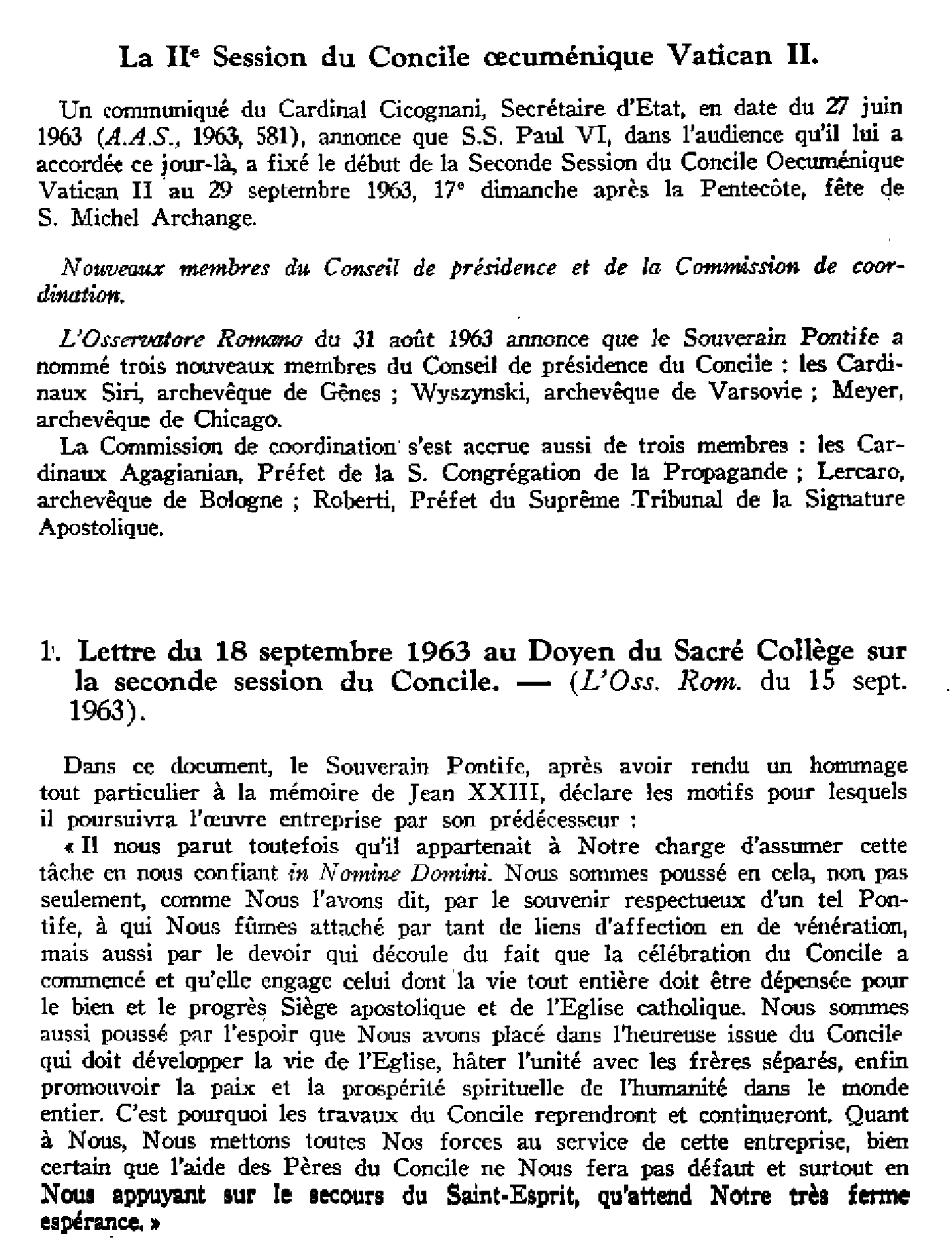 La IIe session du Concile Vatican II.Diverses lettres et allocutions