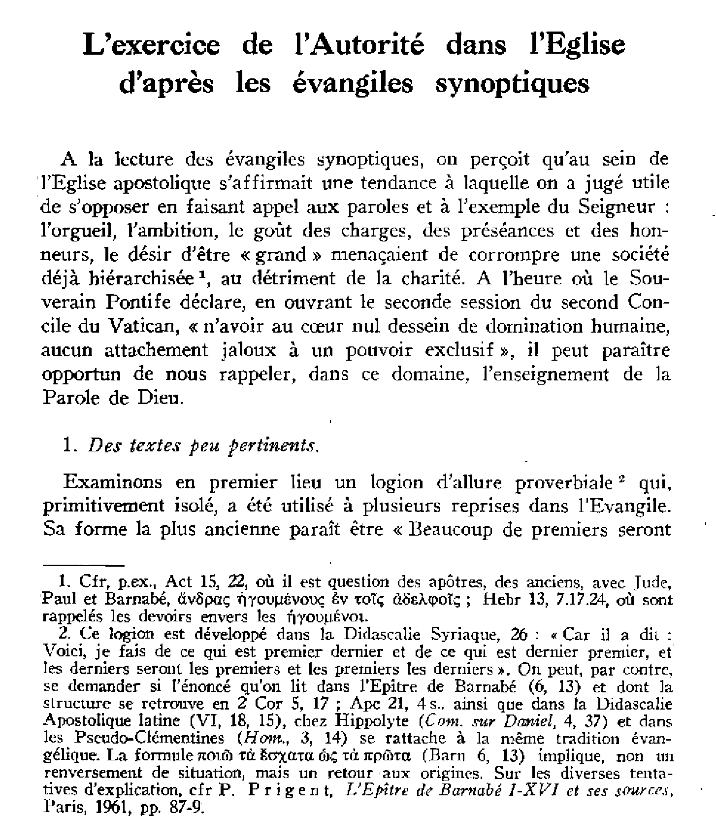 L'exercice de l'Autorité dans l'Église d'après les évangiles synoptiques
