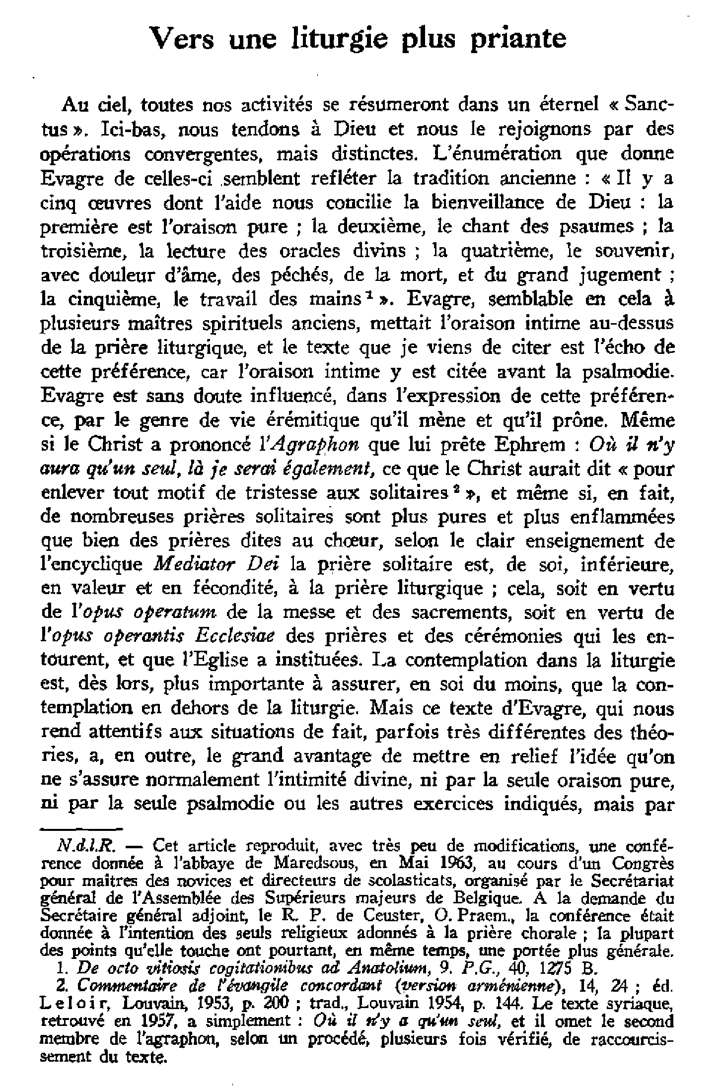 Vers une liturgie plus priante