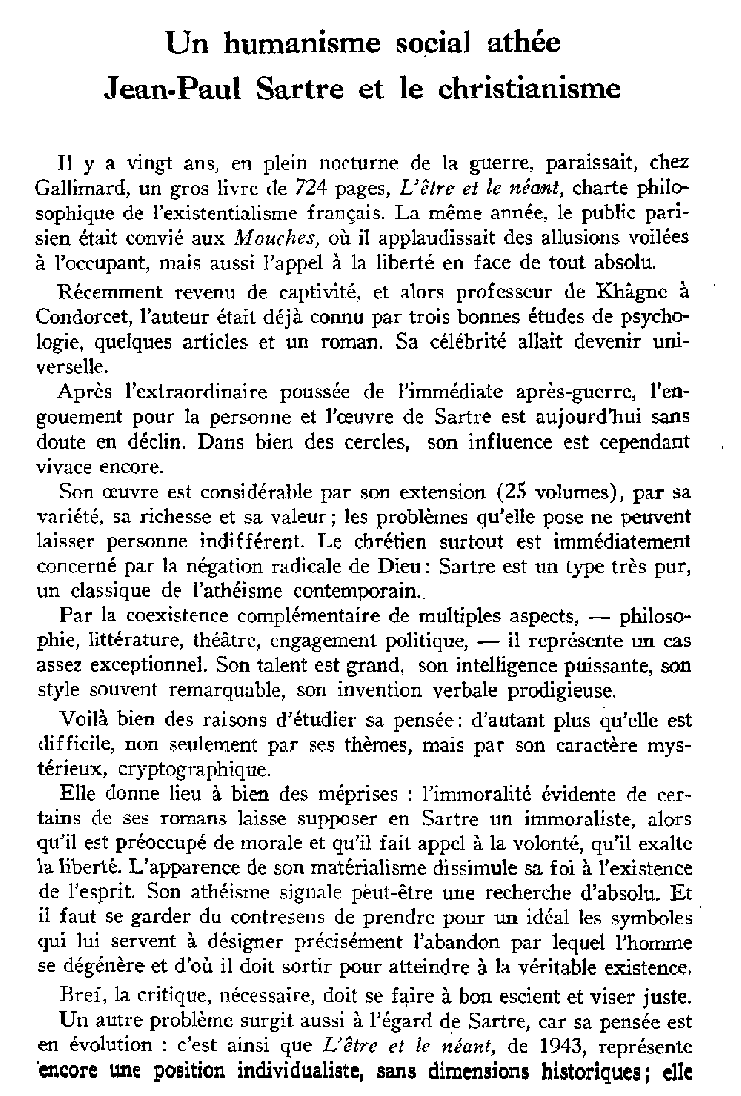 Un humanisme social athée Jean-Paul Sartre et le christianisme