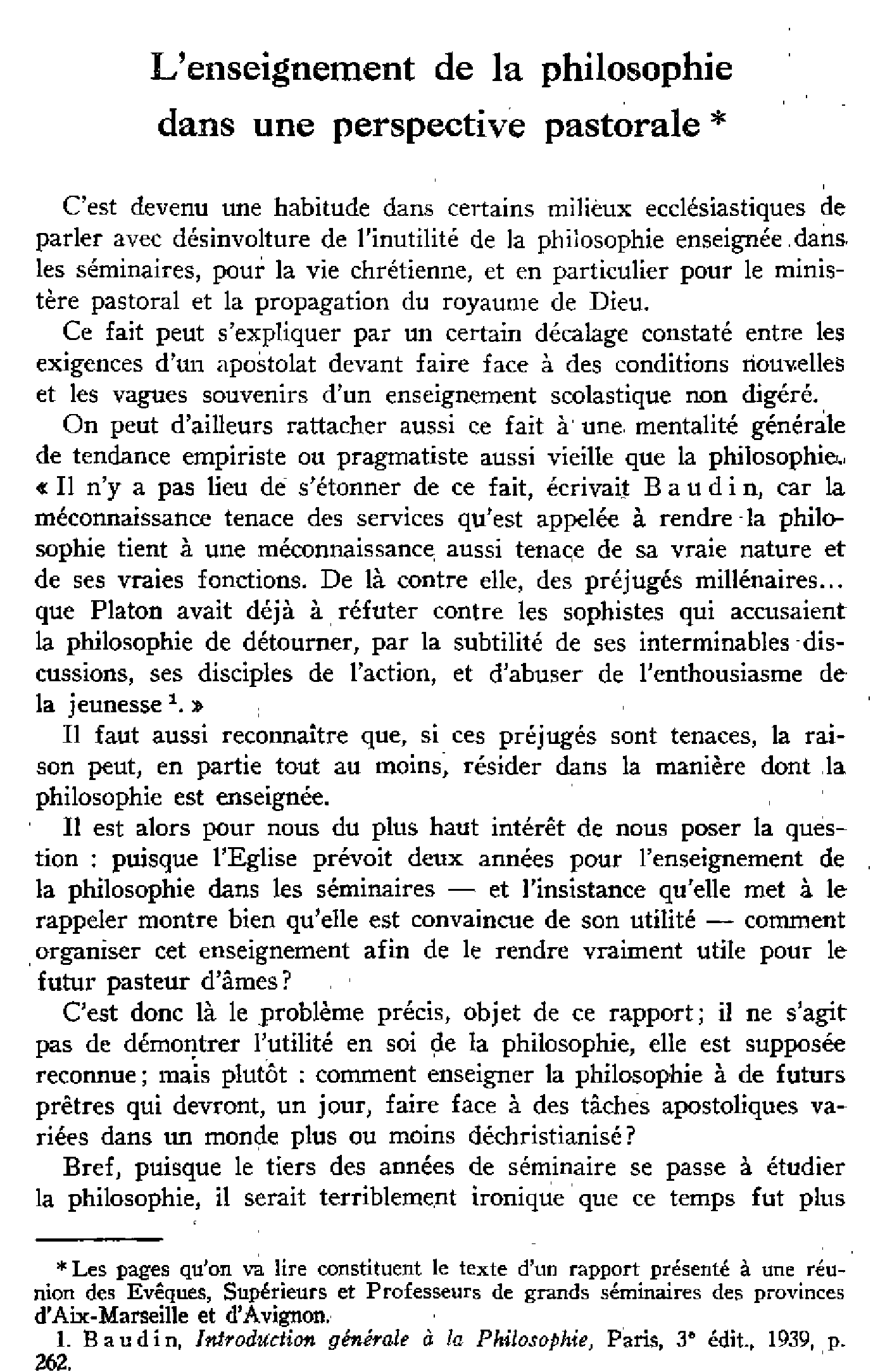 L'enseignement de la philosophie dans une perspective pastorale
