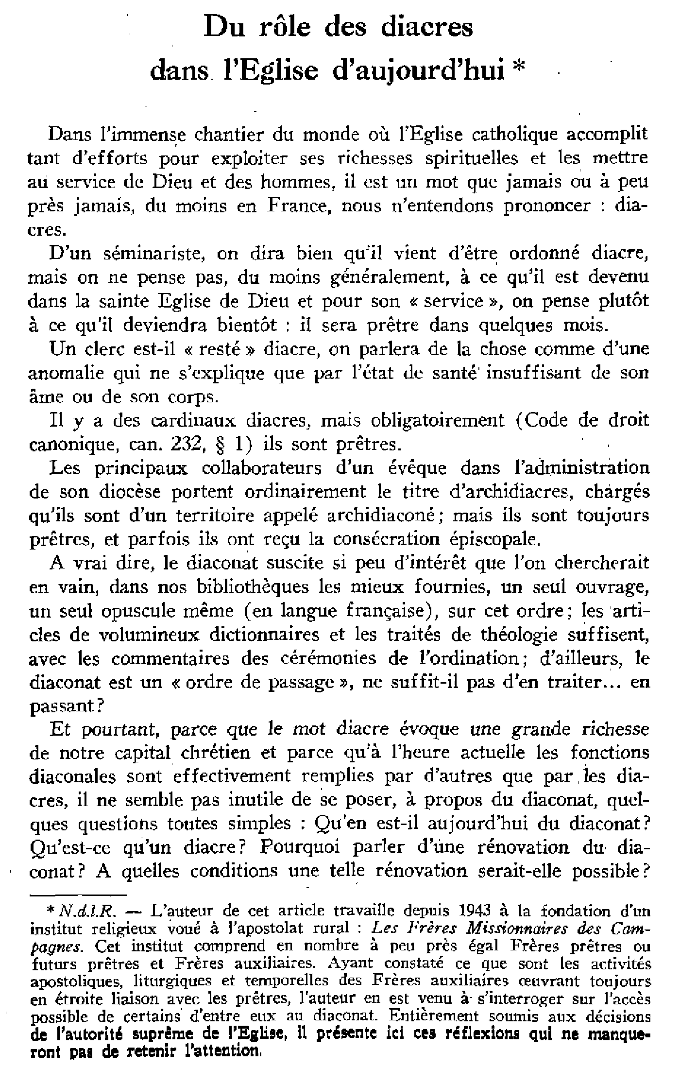 Du rôle des diacres dans l'Église d'aujourd'hui
