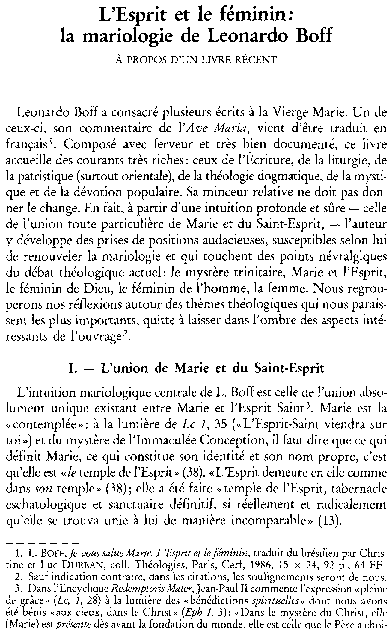 L'Esprit et le féminin: la mariologie de Leonardo Boff. À propos d'un livre récent