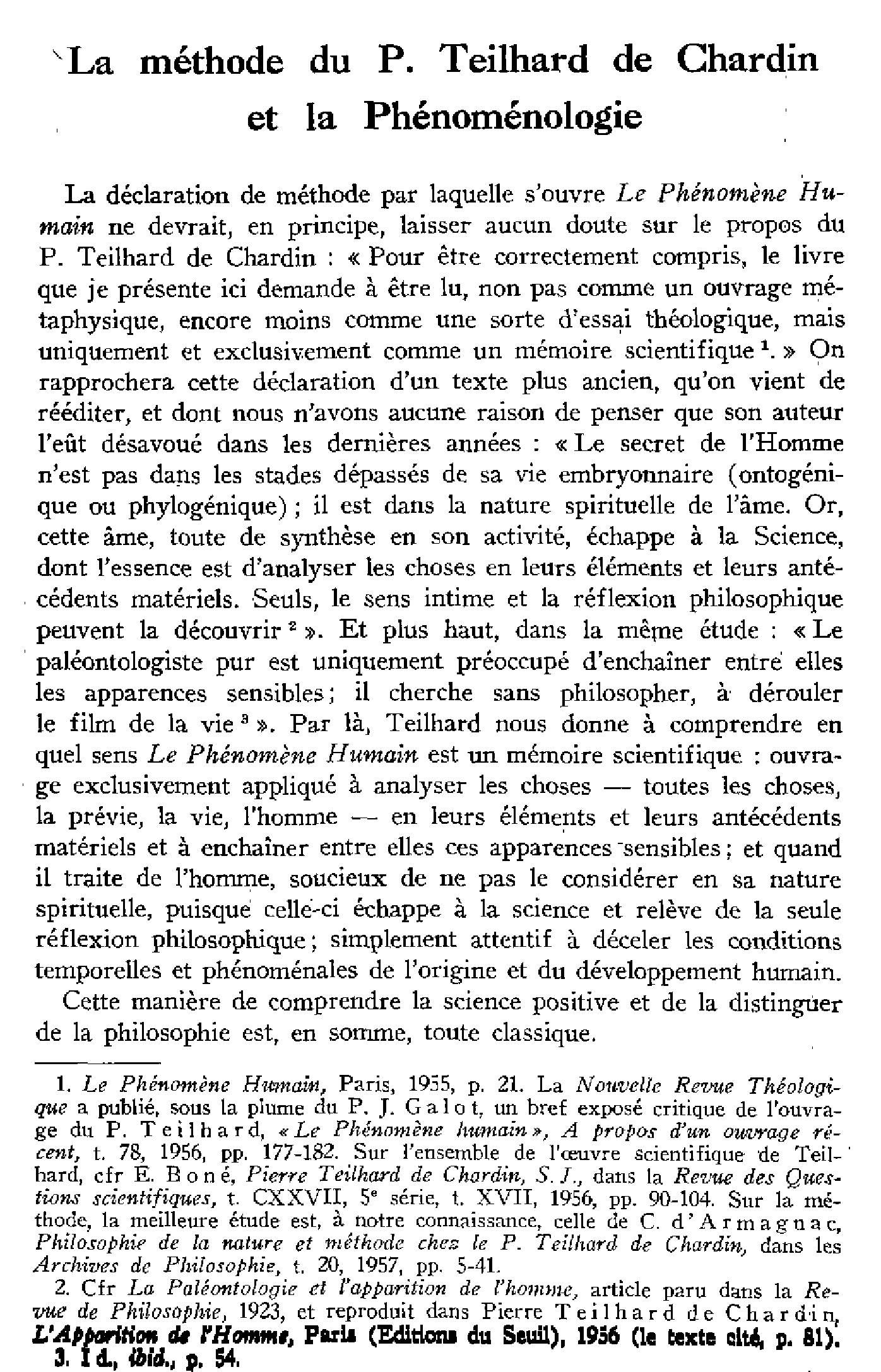 La méthode du P. Teilhard de Chardin et la Phénoménologie