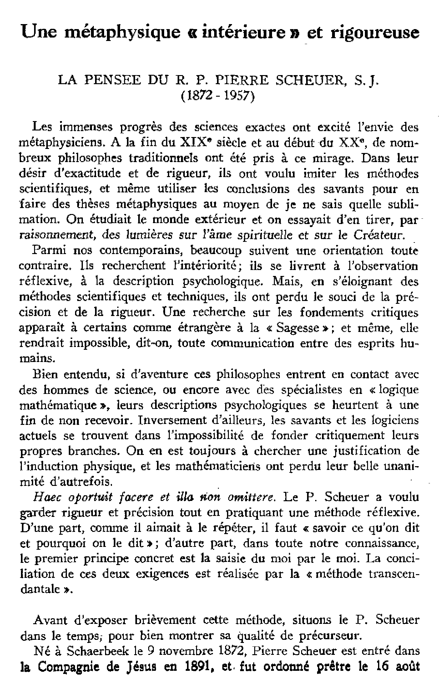 Une métaphysique intérieure et rigoureuse. La pensée du R.P. Scheuer, s.j. (1872-1957)