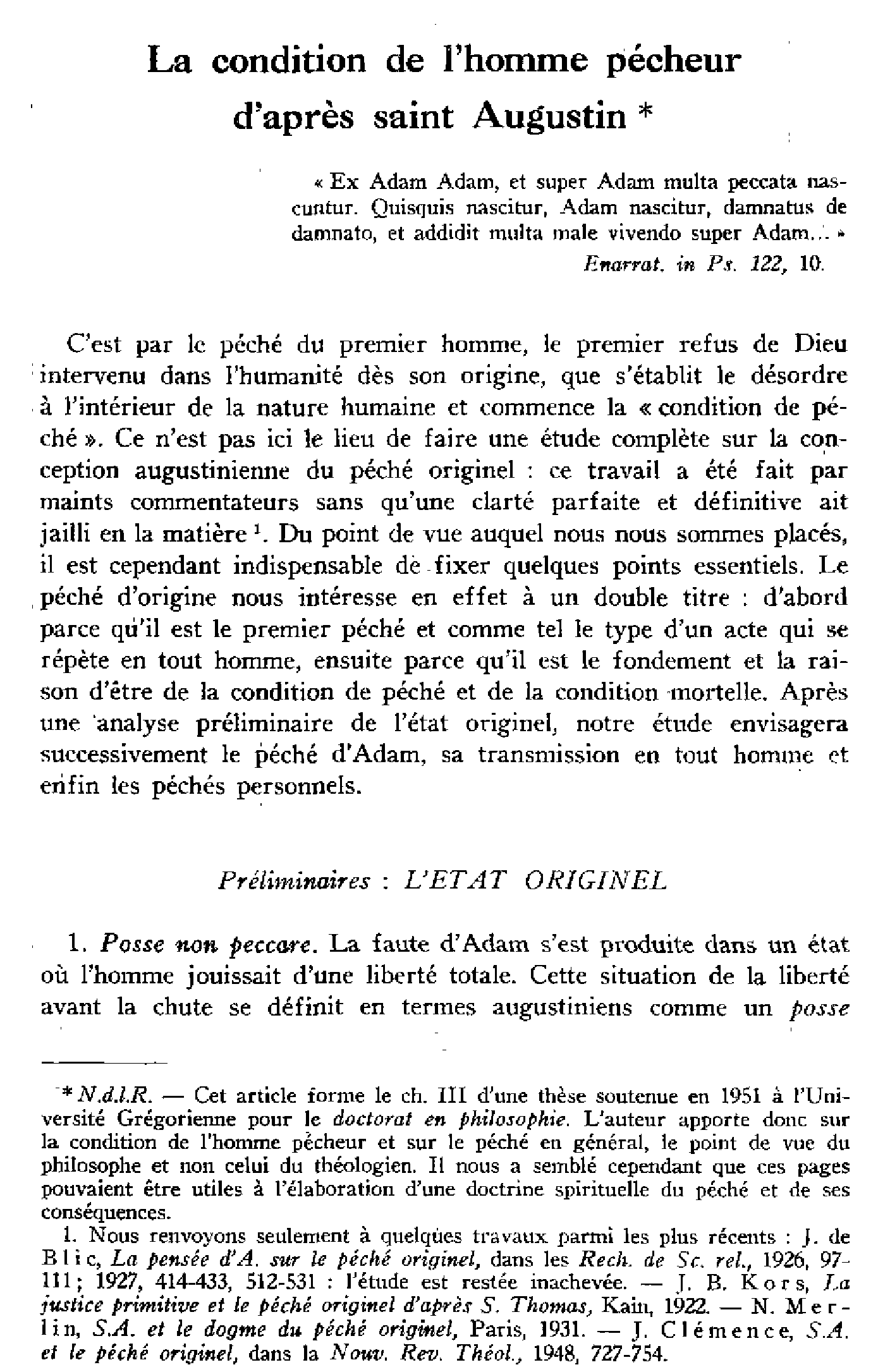 La condition de l'homme pécheur d'après saint Augustin