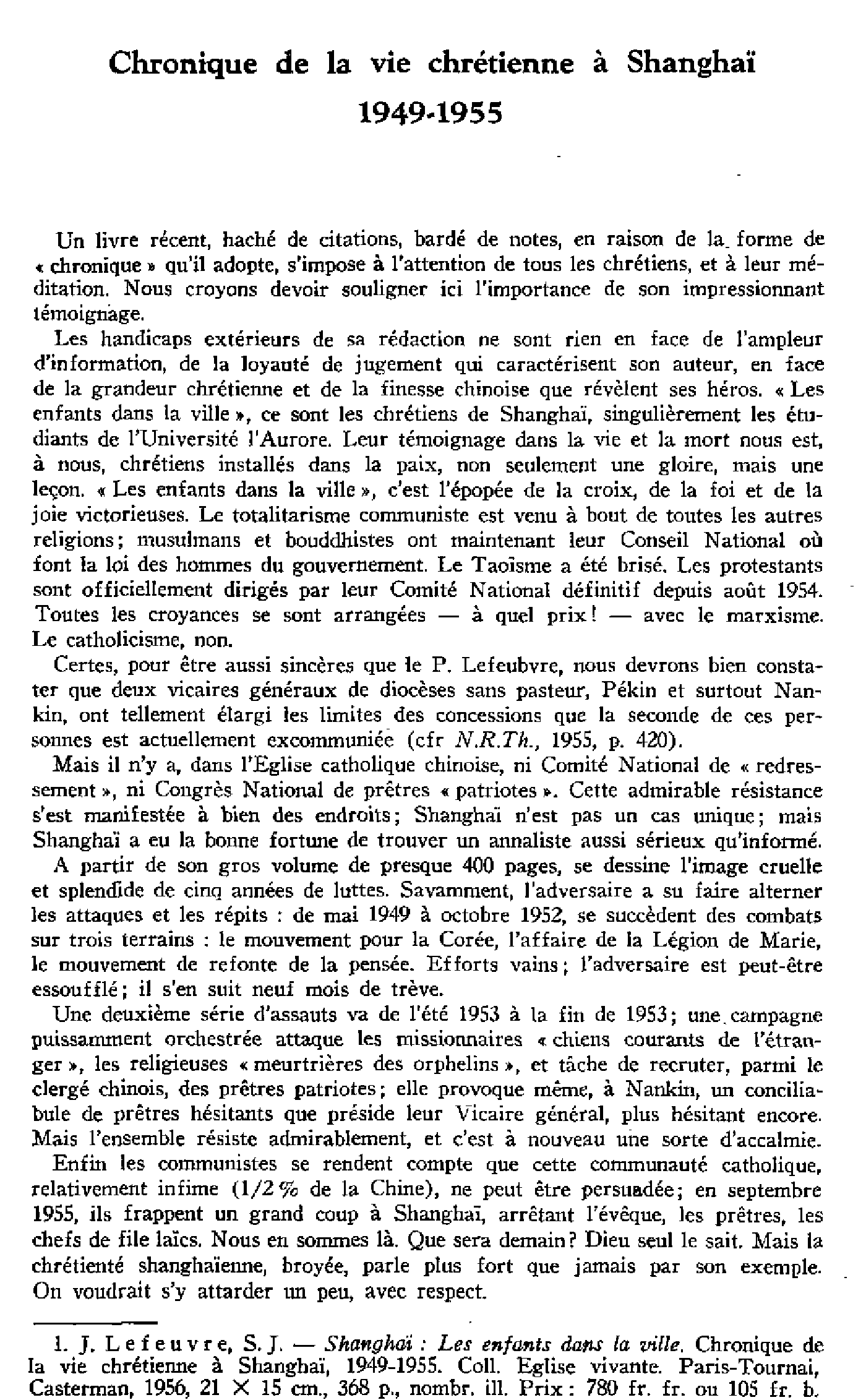 Chronique de la vie chrétienne à Shanghaï 1949-1955
