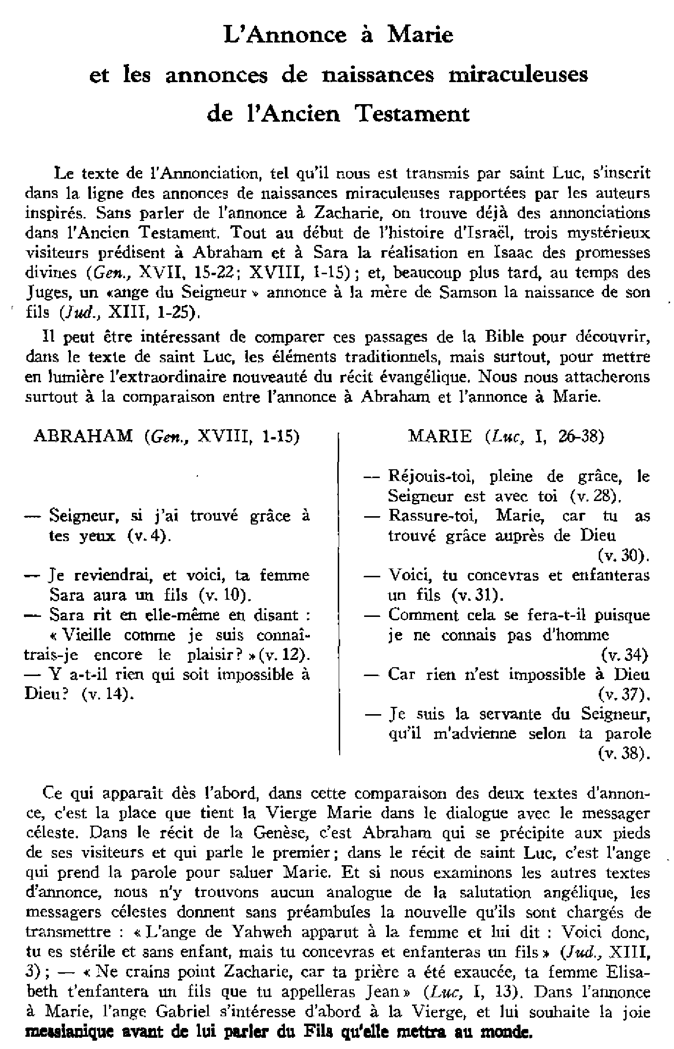 L'annonce à Marie et les annonces de naissance miraculeuses de l'Ancien Testament