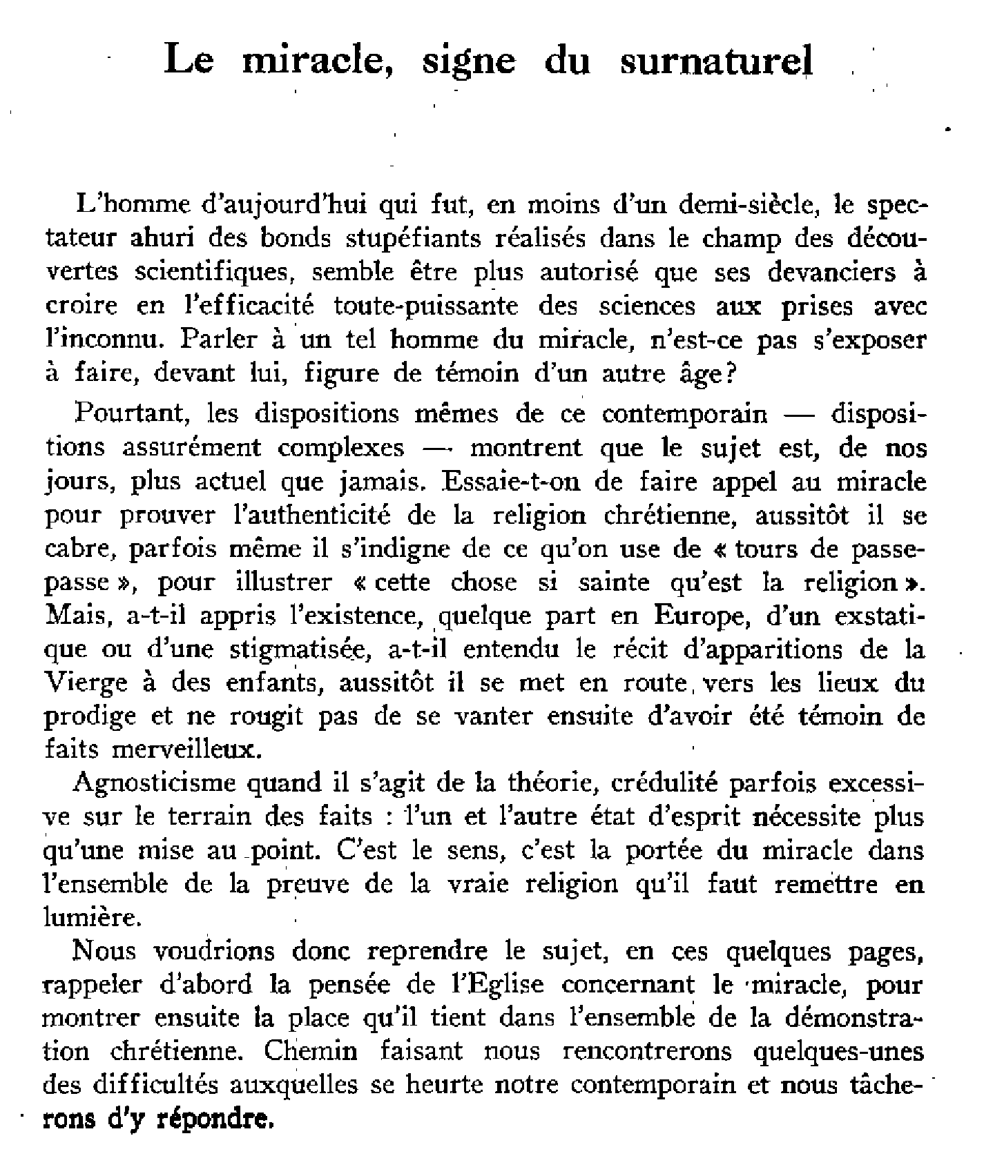 Le miracle, signe du surnaturel