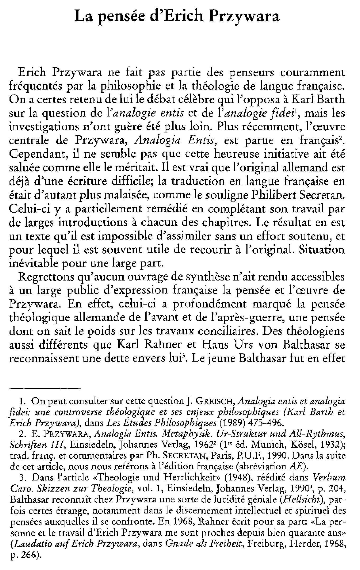 La pensée d'Erich Przywara