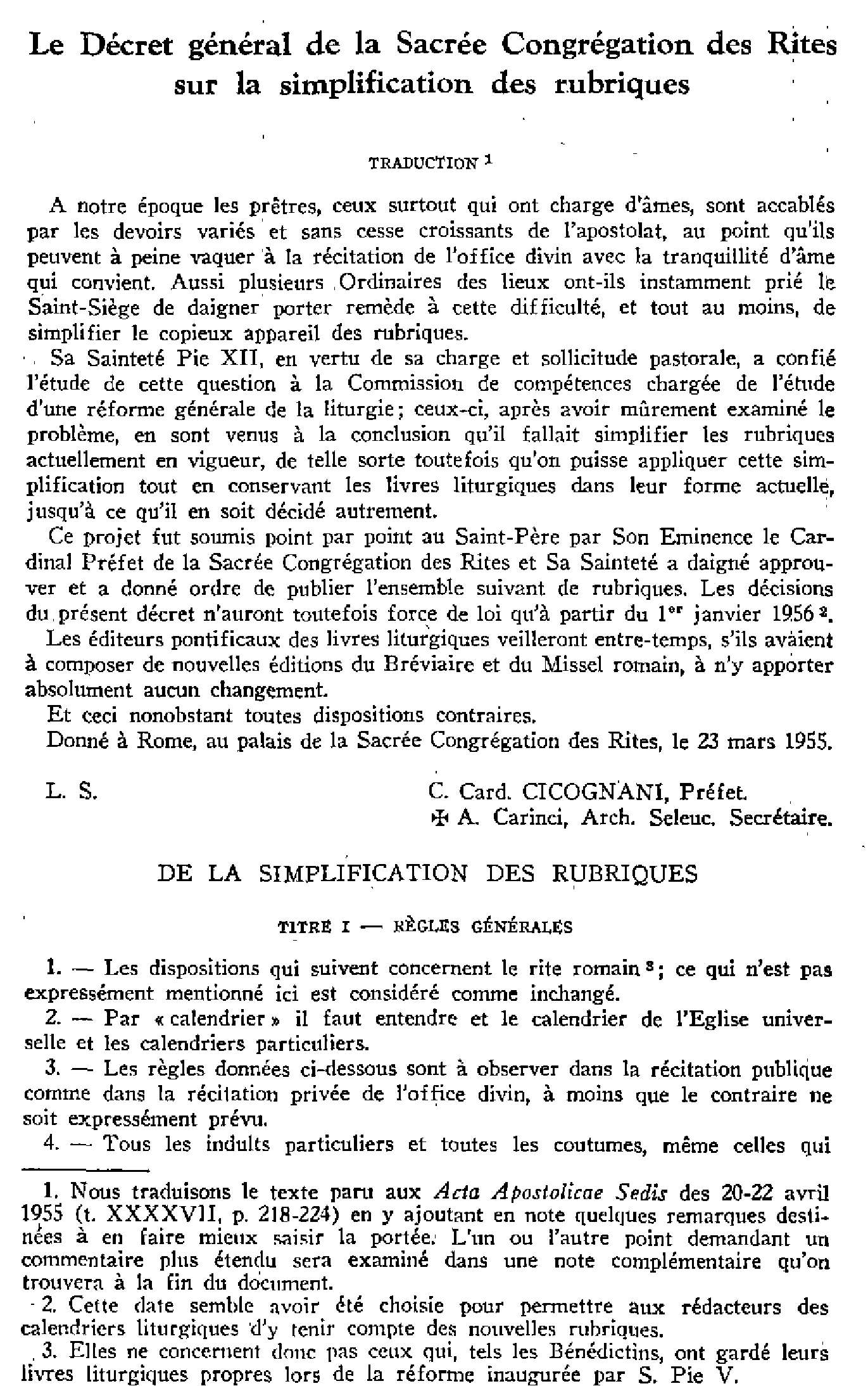 Le Décret général de la Sacrée Congrégation des Rites sur la simplification des rubriques