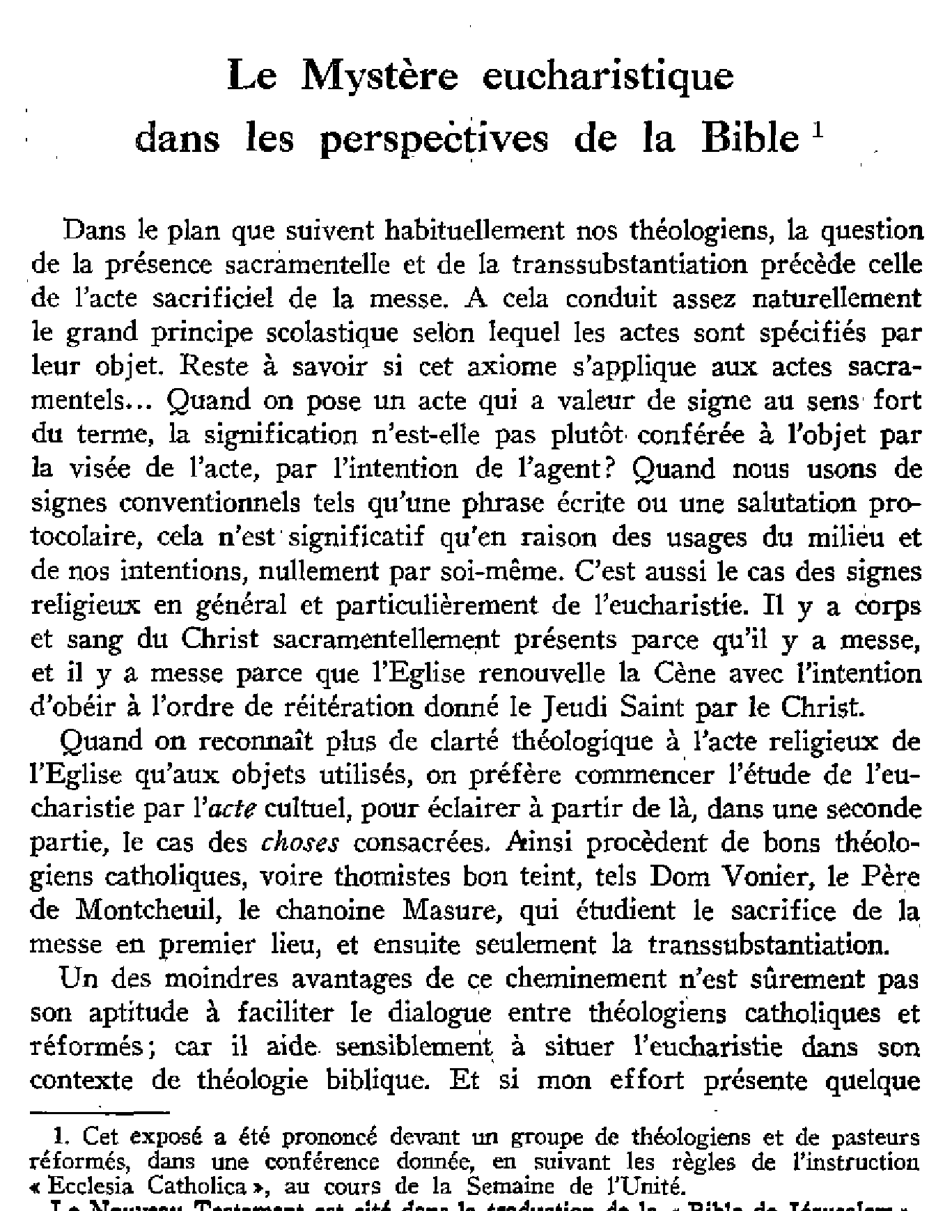 Le mystère eucharistique dans les perspectives de la Bible