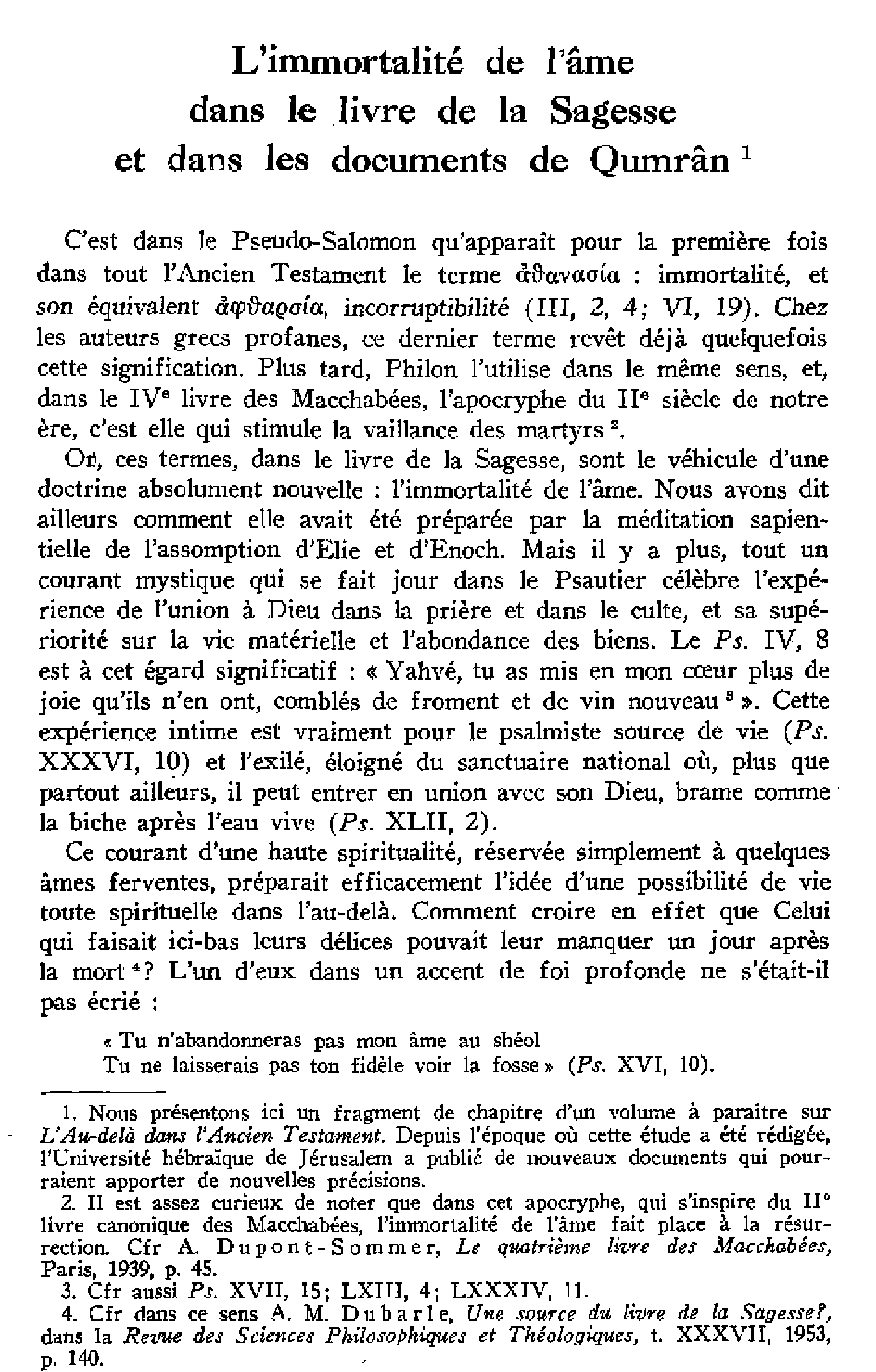 L'immortalité de l'âme dans le livre de la Sagesse et dans les documents de Qumrân