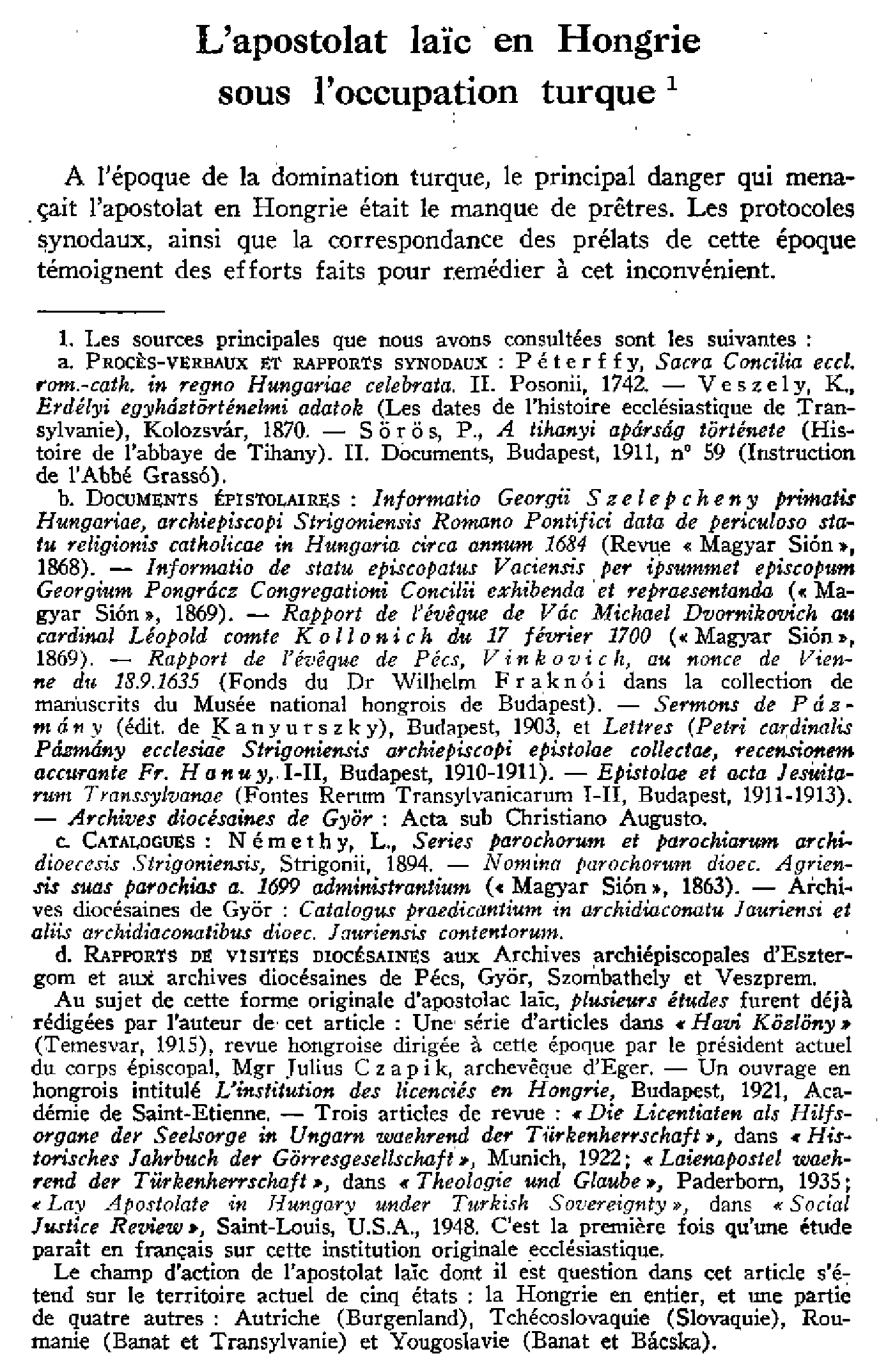 L'apostolat laïc en Hongrie sous l'occupation turque