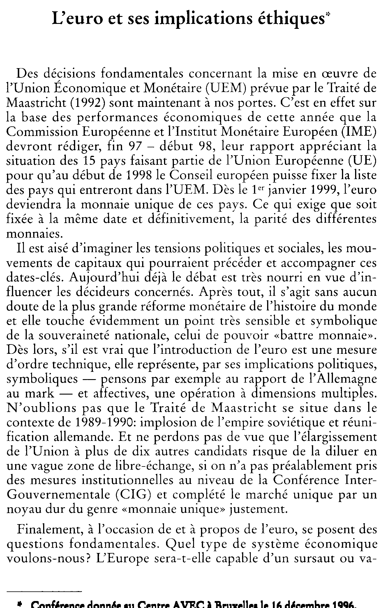 L'euro et ses implications éthiques