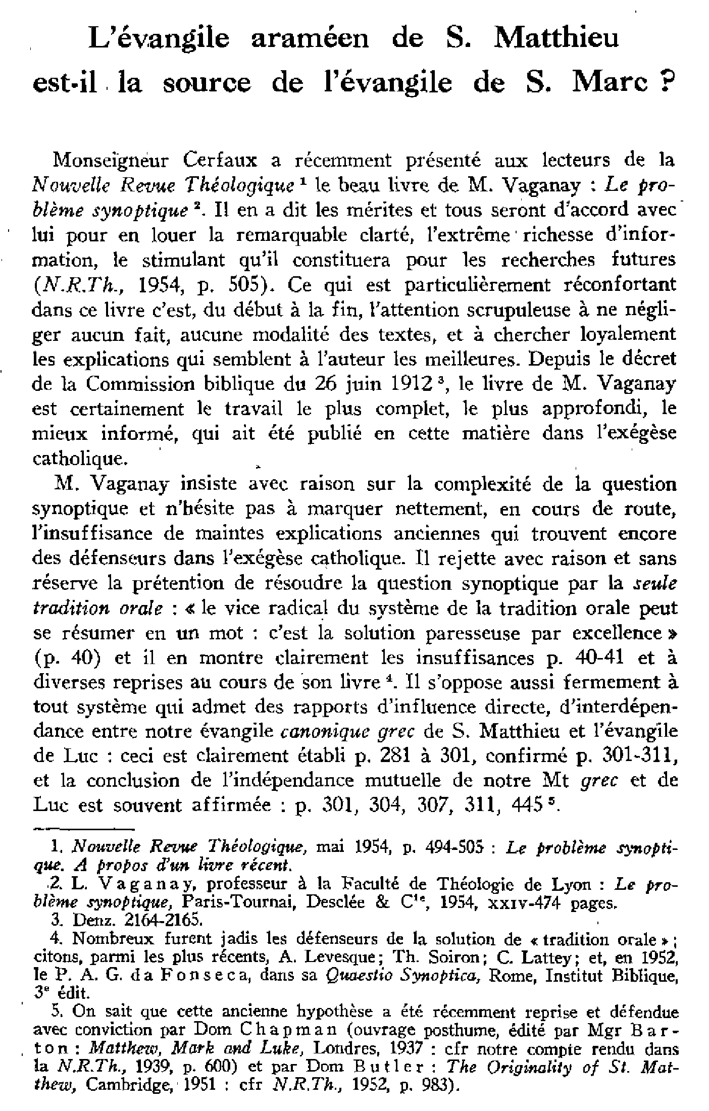 L'évangile araméen de S. Matthieu est-il la source de l'évangile de S. Marc ?