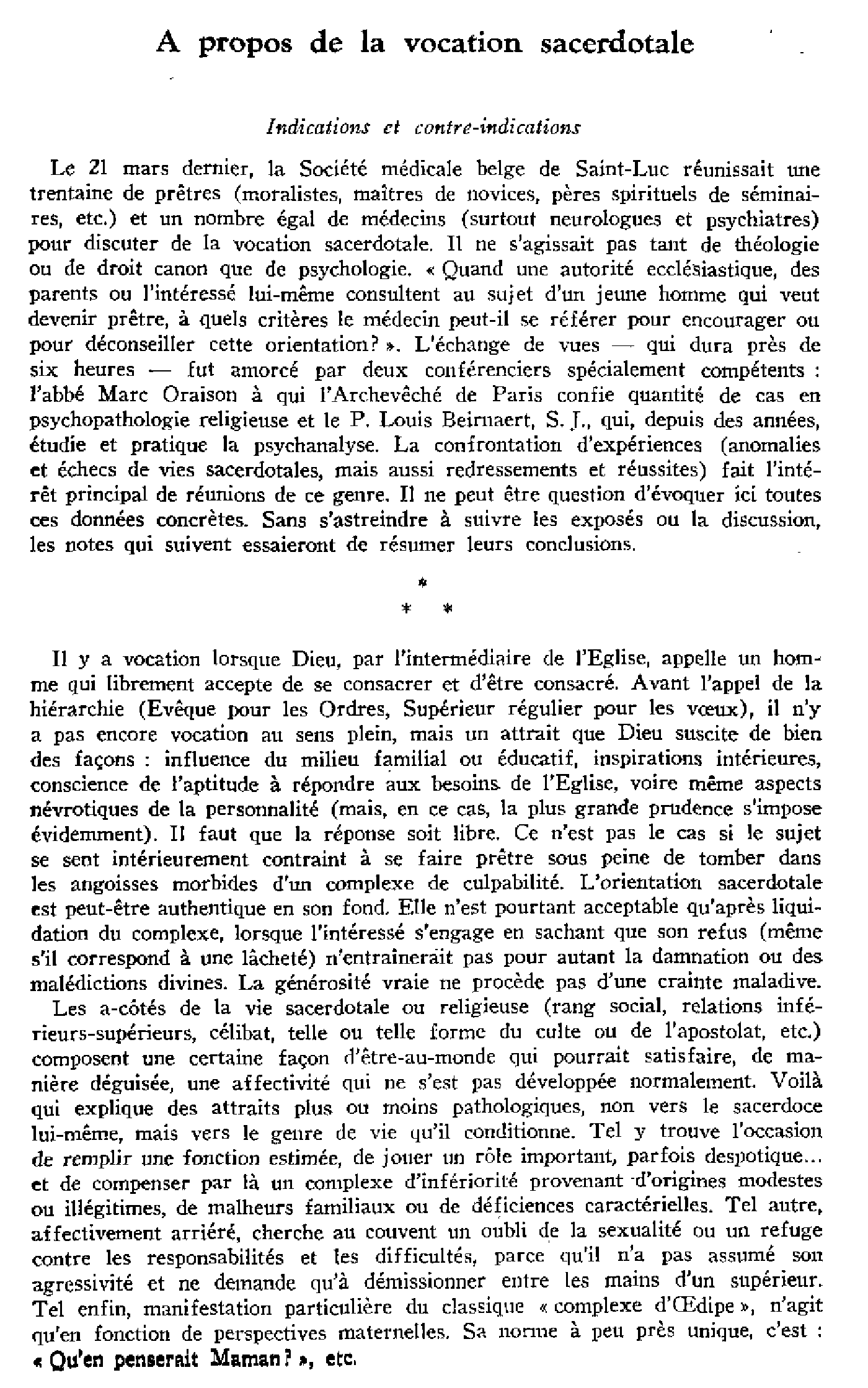 À propos de la vocation sacerdotale. Indications et contre-indications