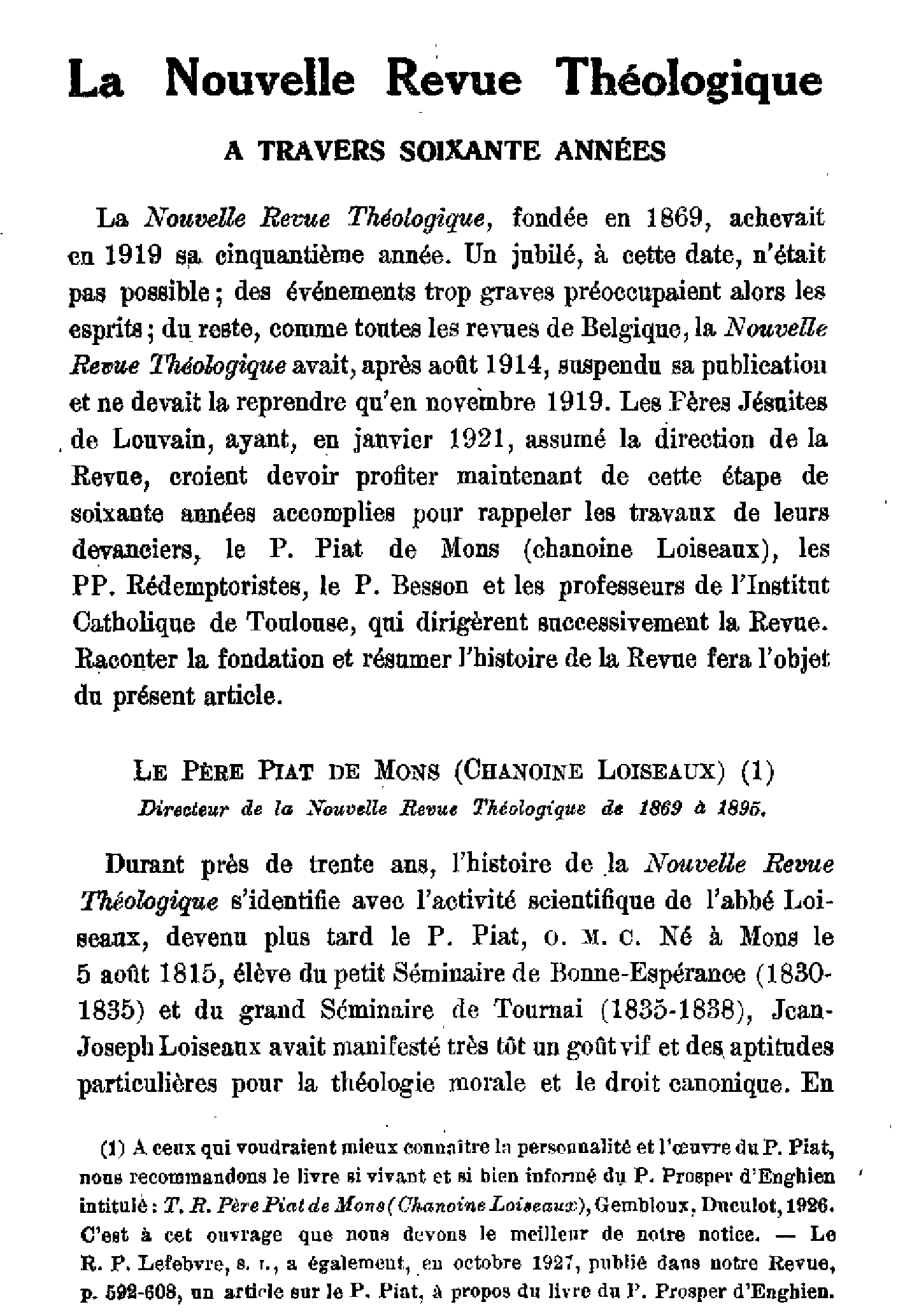 La Nouvelle revue théologique à travers soixante années