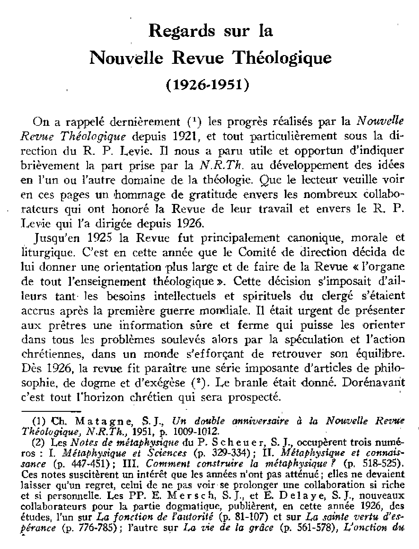 Regards sur la Nouvelle Revue Théologique (1926-1951)