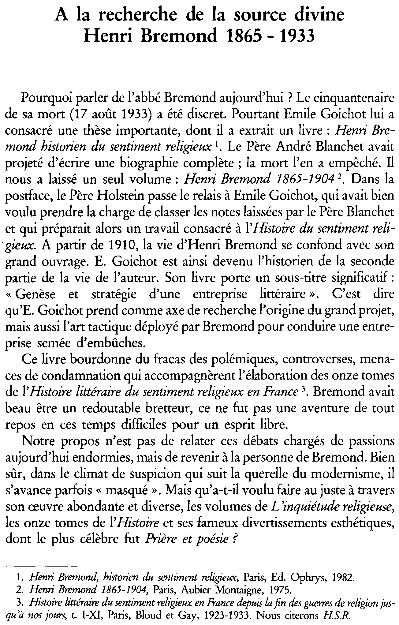 À la recherche de la source divine. Henri Bremond 1865-1933